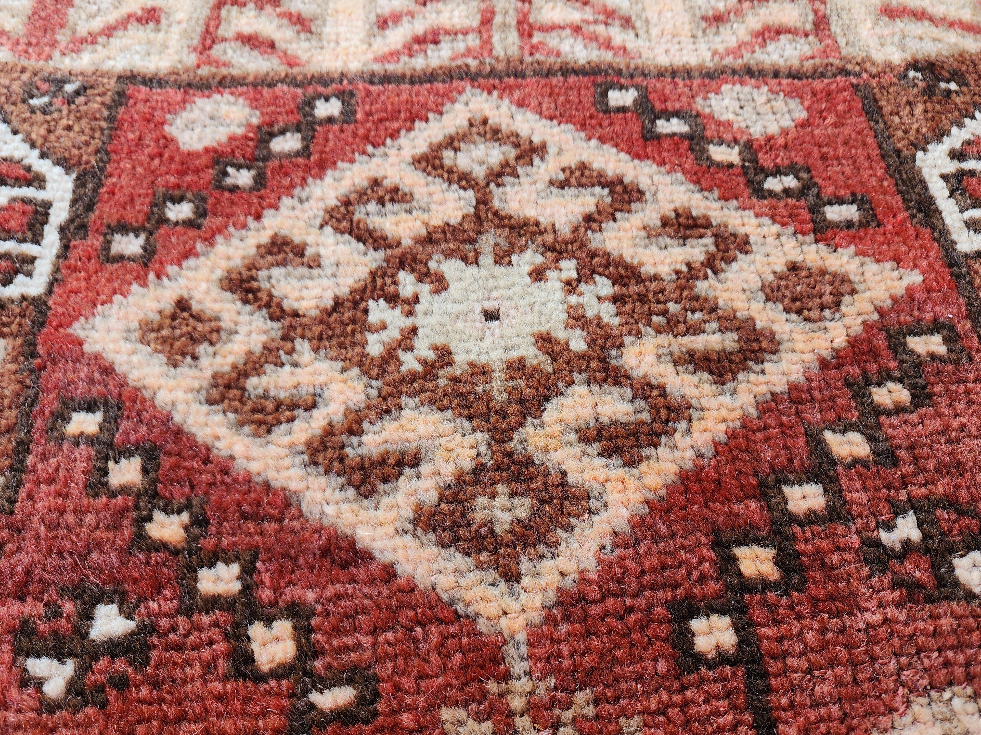 Antique Turkish Erzurum Rug, 2 ft 7 in x 2 ft, Brown, Orange and White Medallion Motif Rug Handmade in Erzurum from Natural Wool