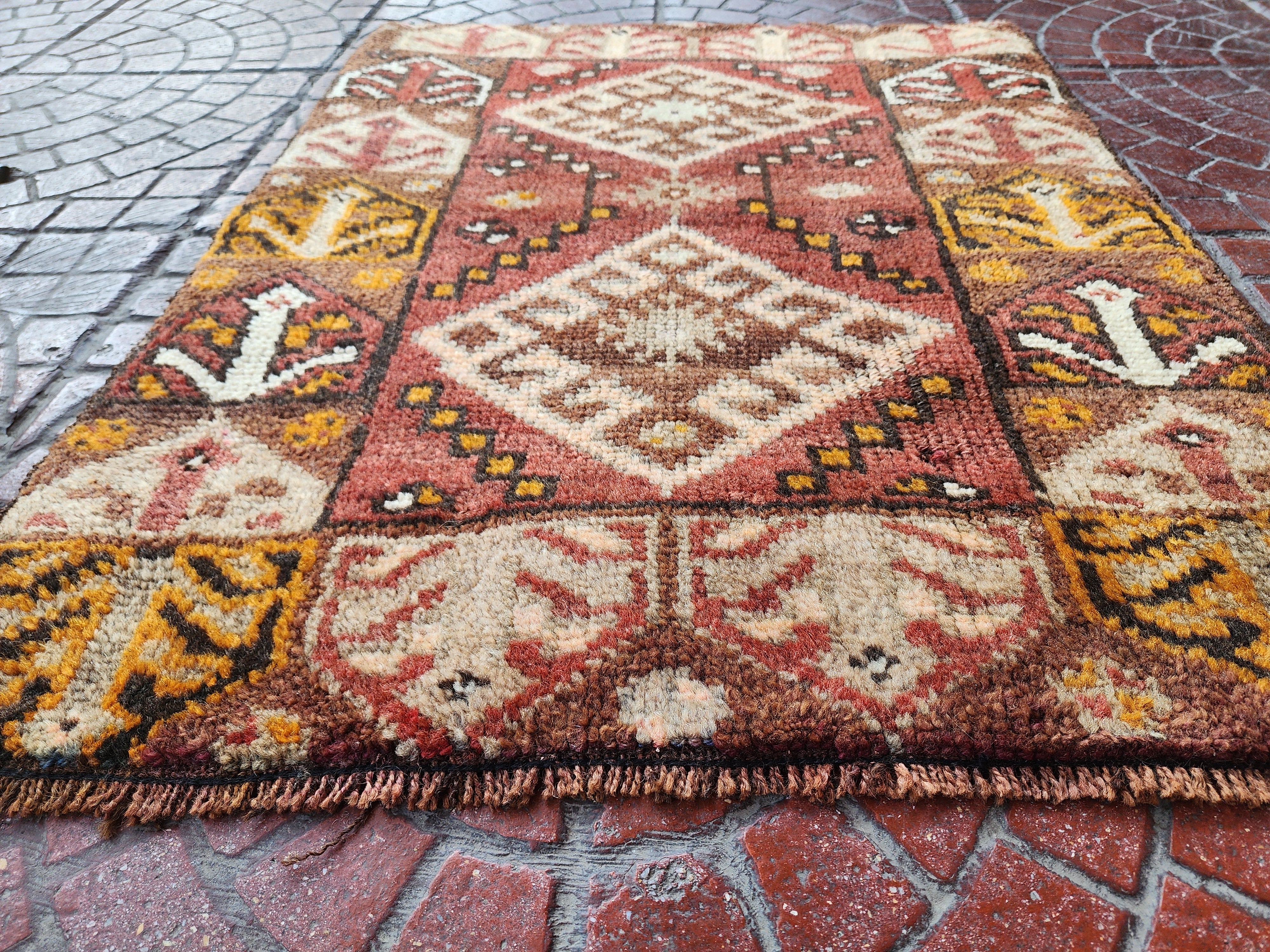 Antique Turkish Erzurum Rug, 2 ft 7 in x 2 ft, Brown, Orange and White Medallion Motif Rug Handmade in Erzurum from Natural Wool