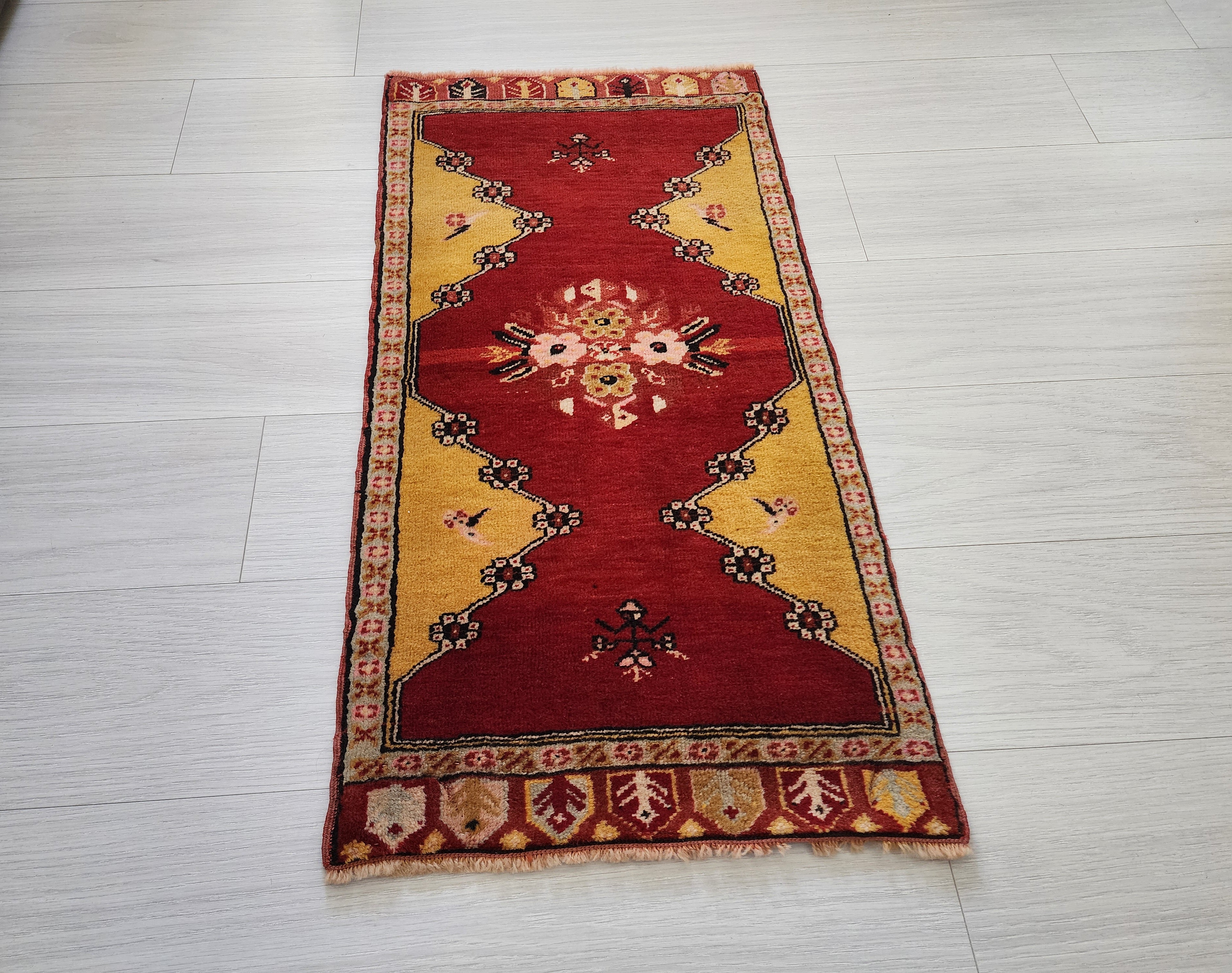 Small Turkish Oushak Rug: Red and Yellow Wool Entryway Mat, 3x2