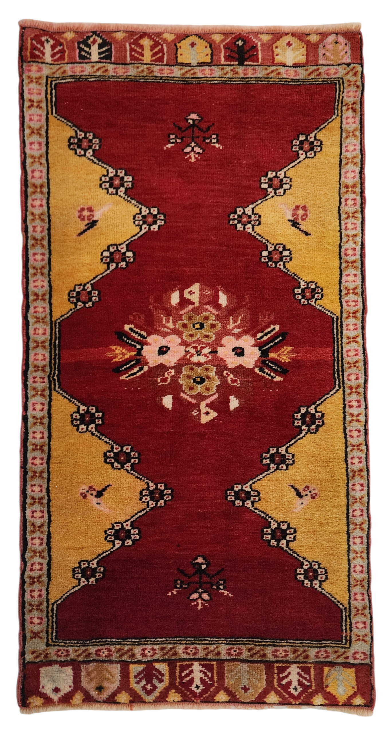 Small Turkish Oushak Rug: Red and Yellow Wool Entryway Mat, 3x2