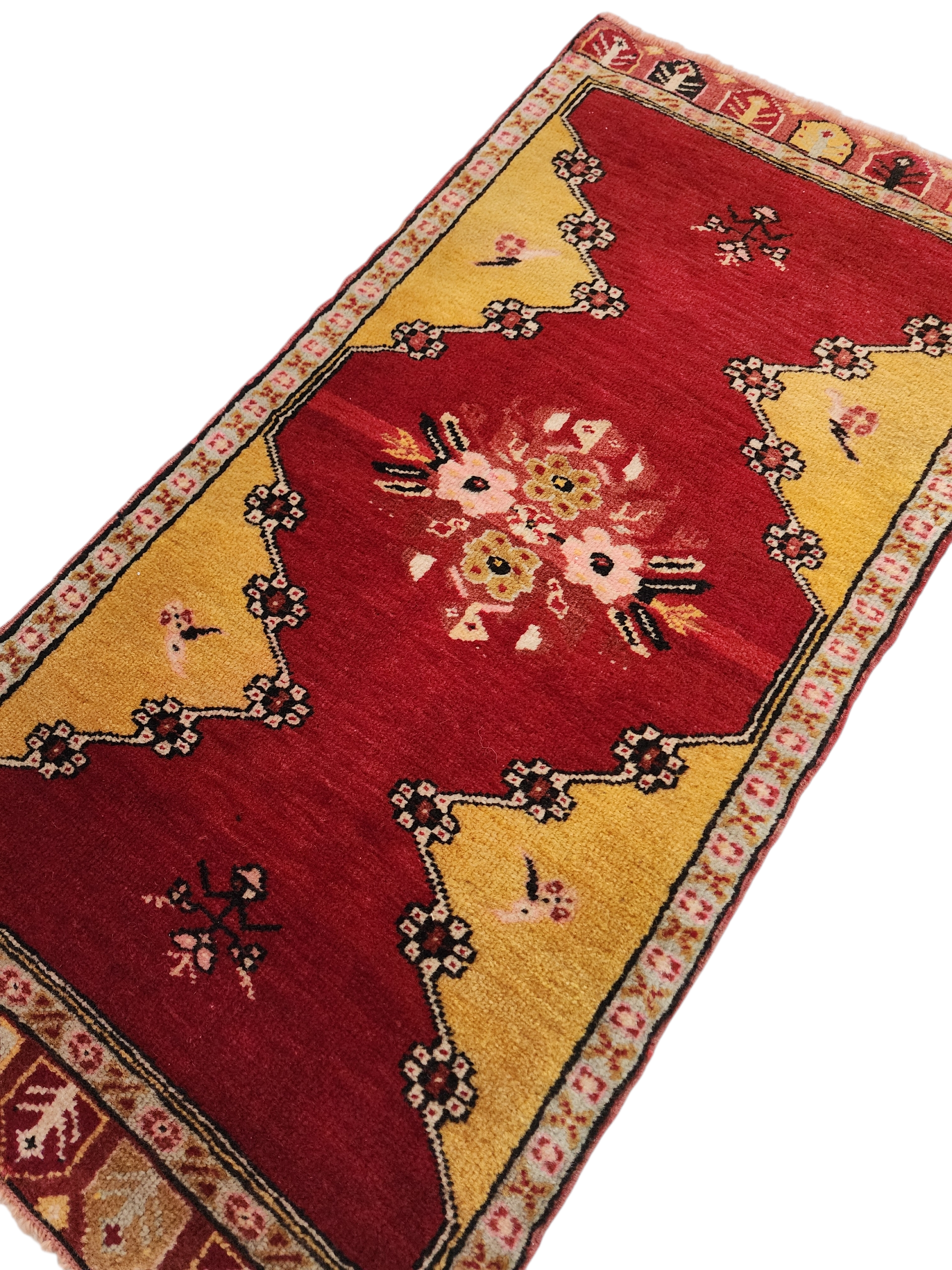 Small Turkish Oushak Rug: Red and Yellow Wool Entryway Mat, 3x2