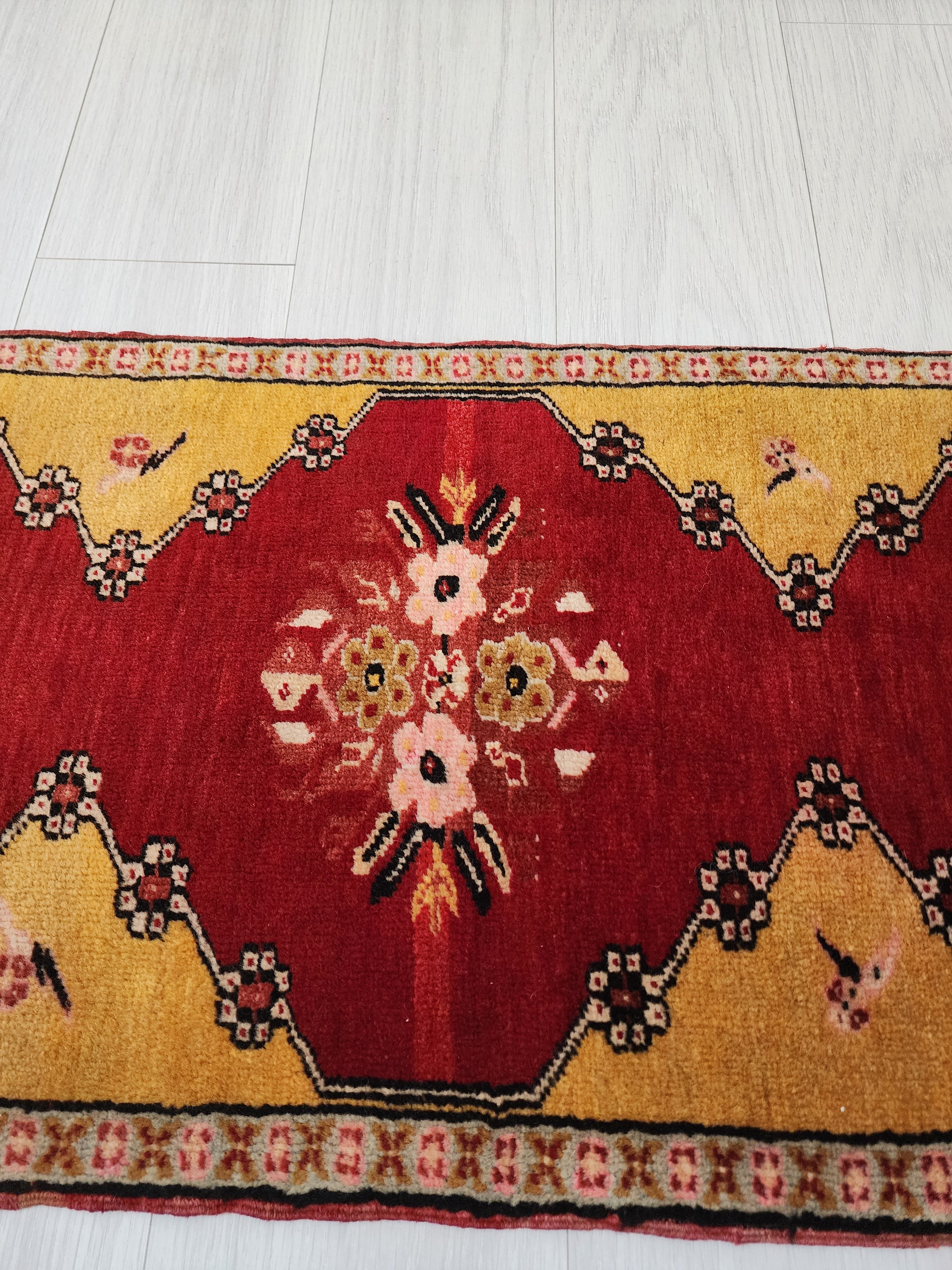 Small Turkish Oushak Rug: Red and Yellow Wool Entryway Mat, 3x2