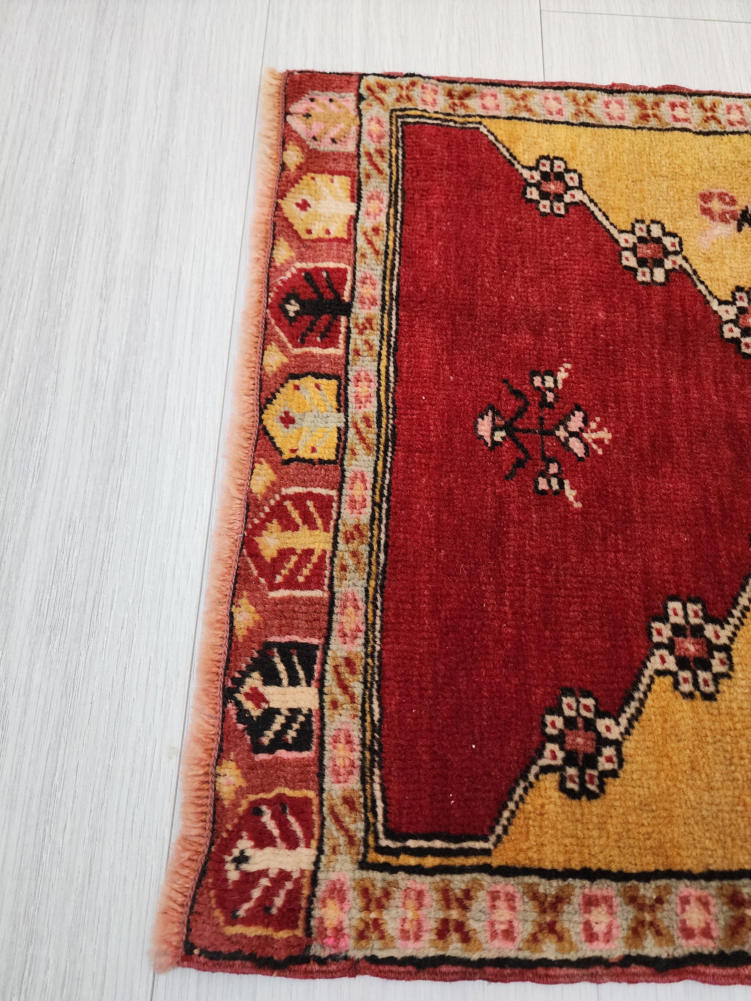 Small Turkish Oushak Rug: Red and Yellow Wool Entryway Mat, 3x2