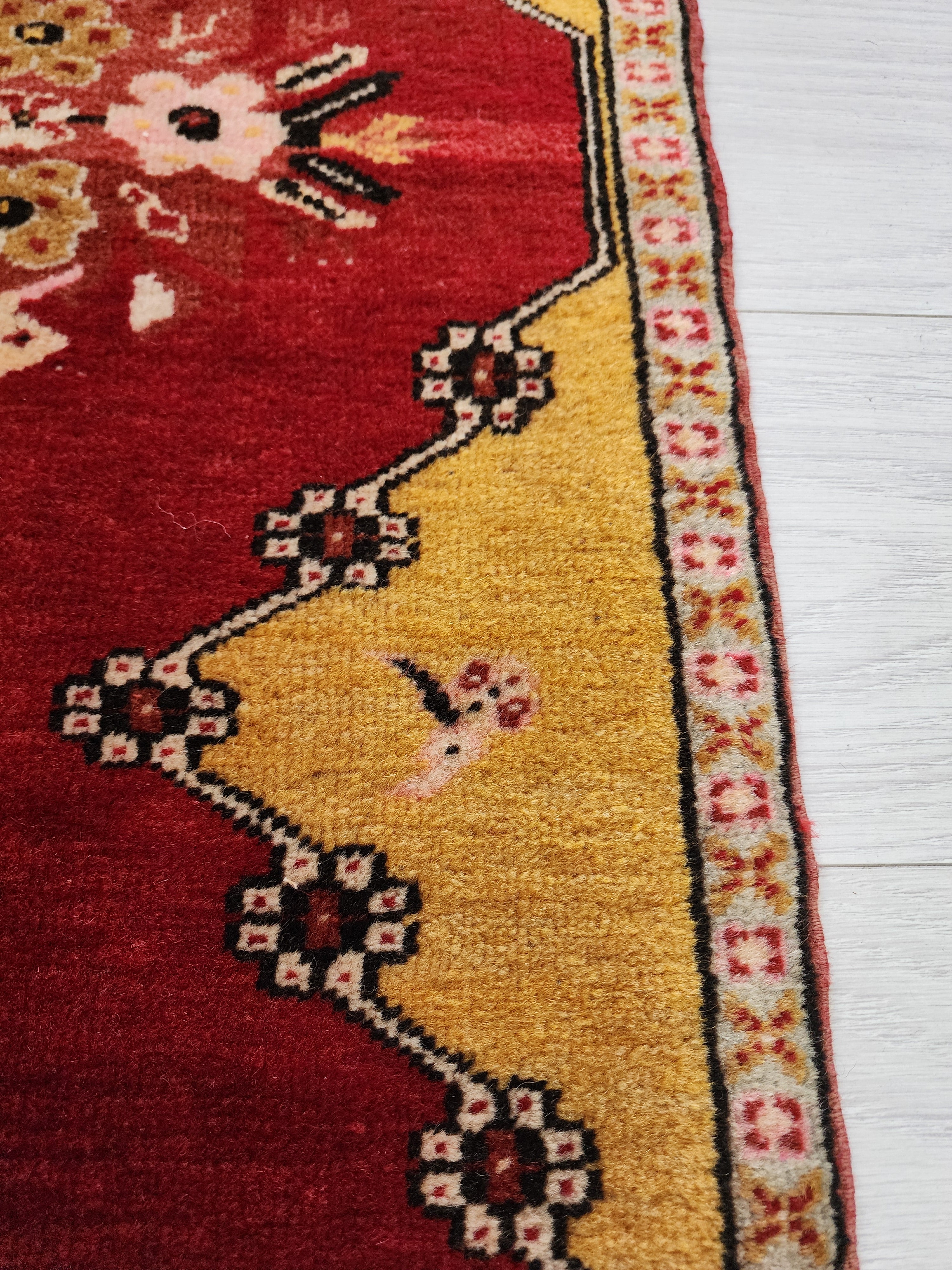 Small Turkish Oushak Rug: Red and Yellow Wool Entryway Mat, 3x2
