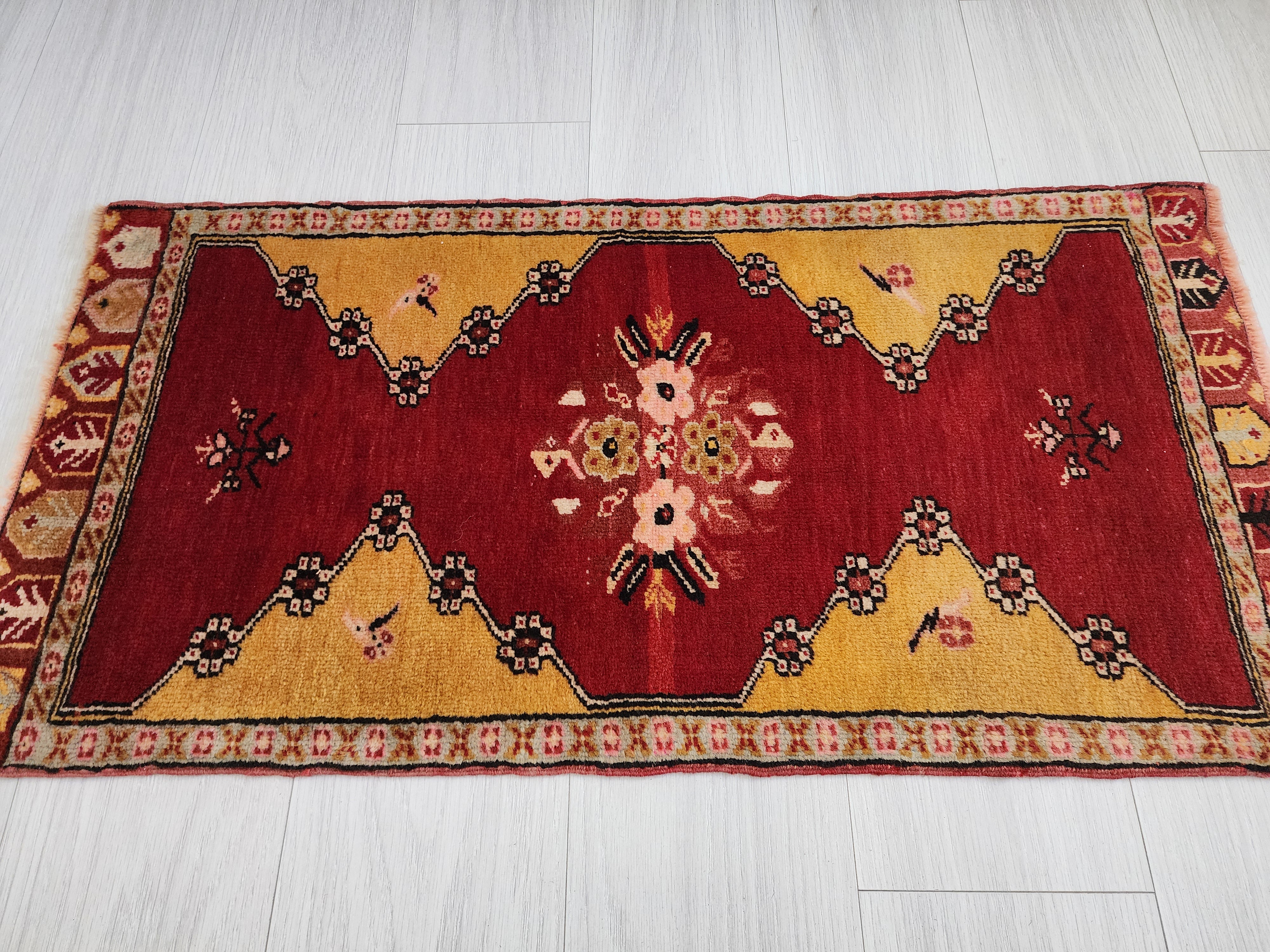 Small Turkish Oushak Rug: Red and Yellow Wool Entryway Mat, 3x2