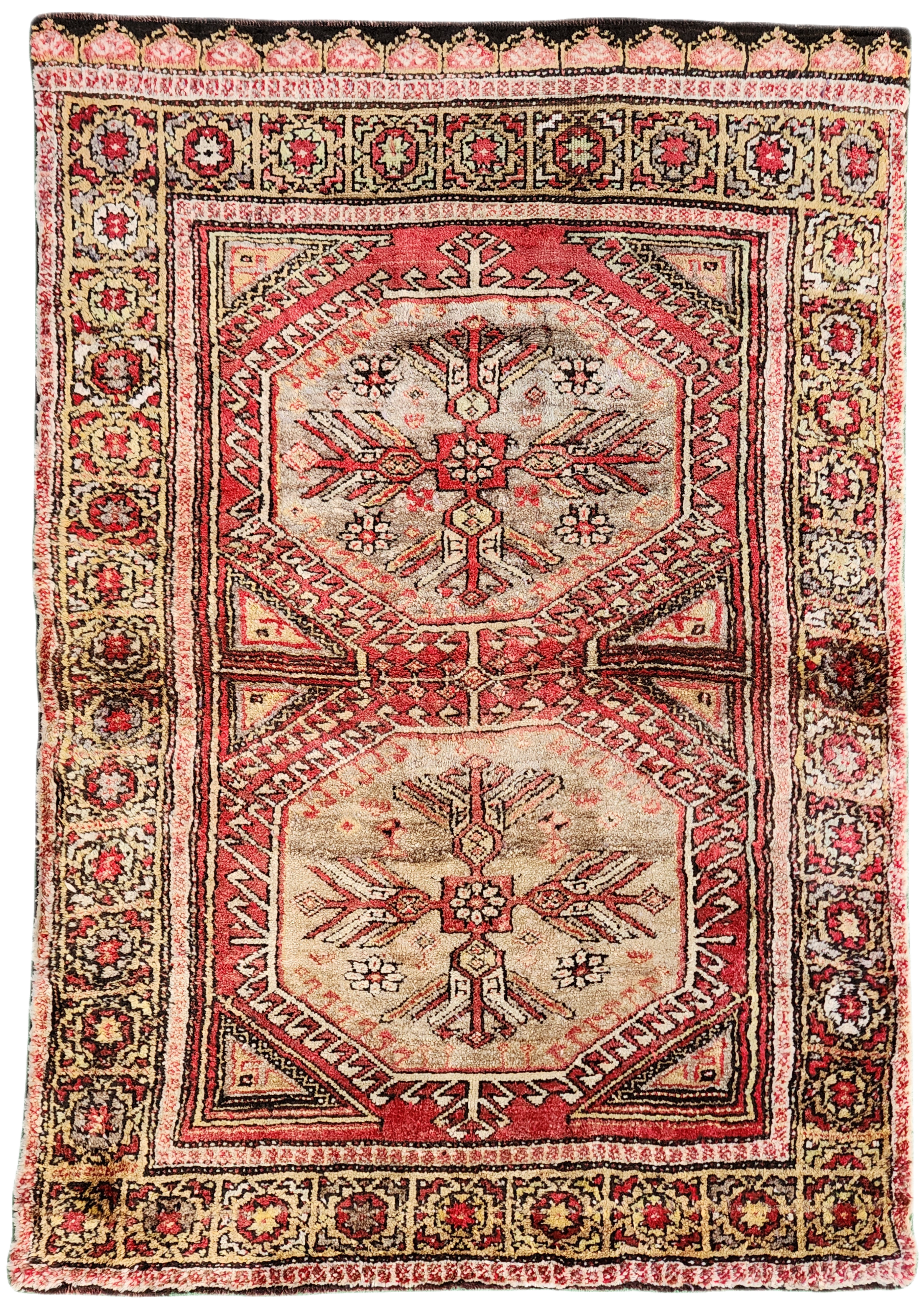 Alfombra antigua turca Tulu, 1,96 m x 1,36 m, alfombra con medallón floral en marrón rojizo y crema, hecha a mano con lana natural