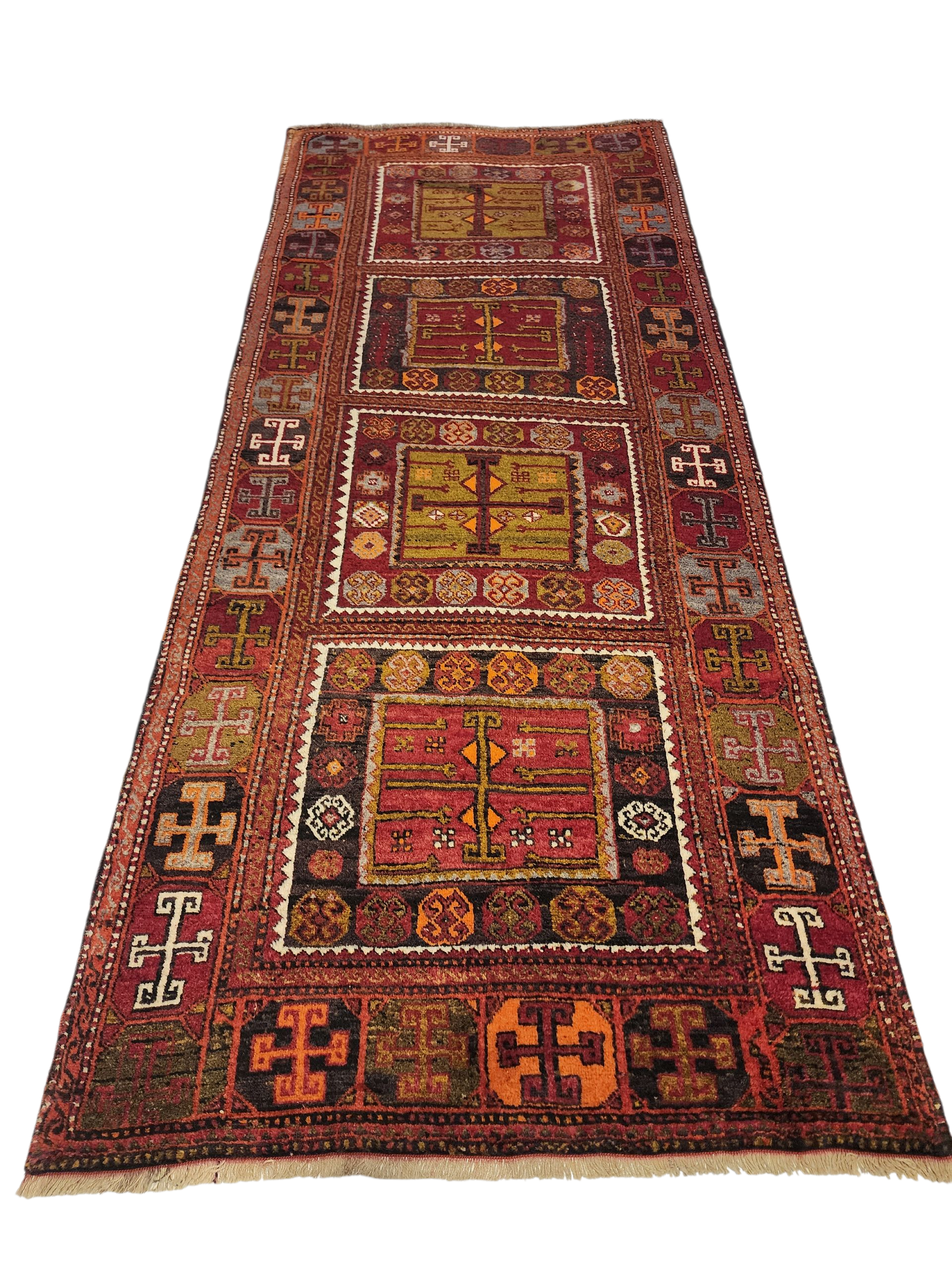 Antique Hallway Runner Rug, Red Orrange and Green Rug, Vintage Antique Recycled Old Rug, Handmade Natural Wool Persian Area Rug 10x4