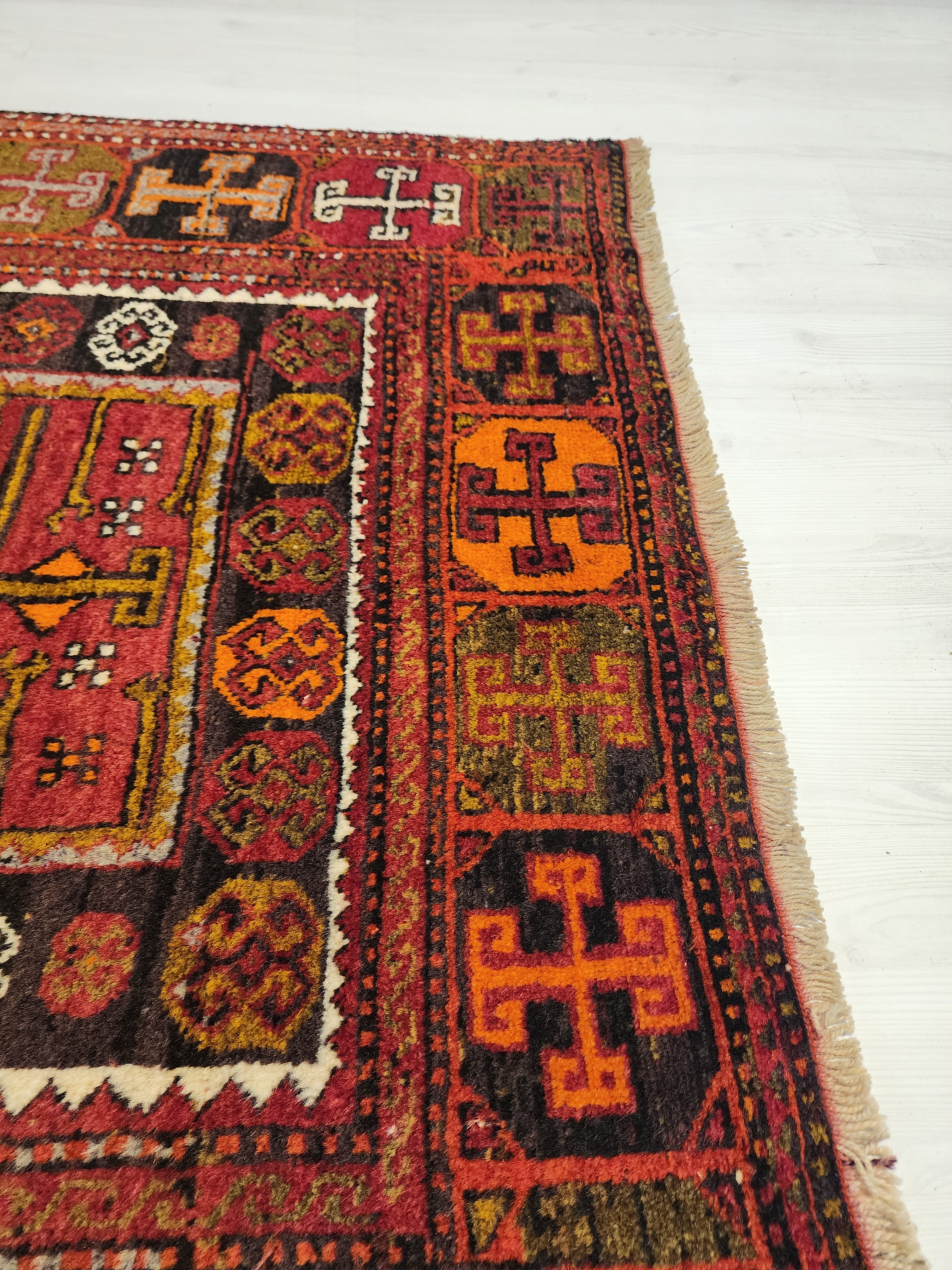 Antique Hallway Runner Rug, Red Orrange and Green Rug, Vintage Antique Recycled Old Rug, Handmade Natural Wool Persian Area Rug 10x4