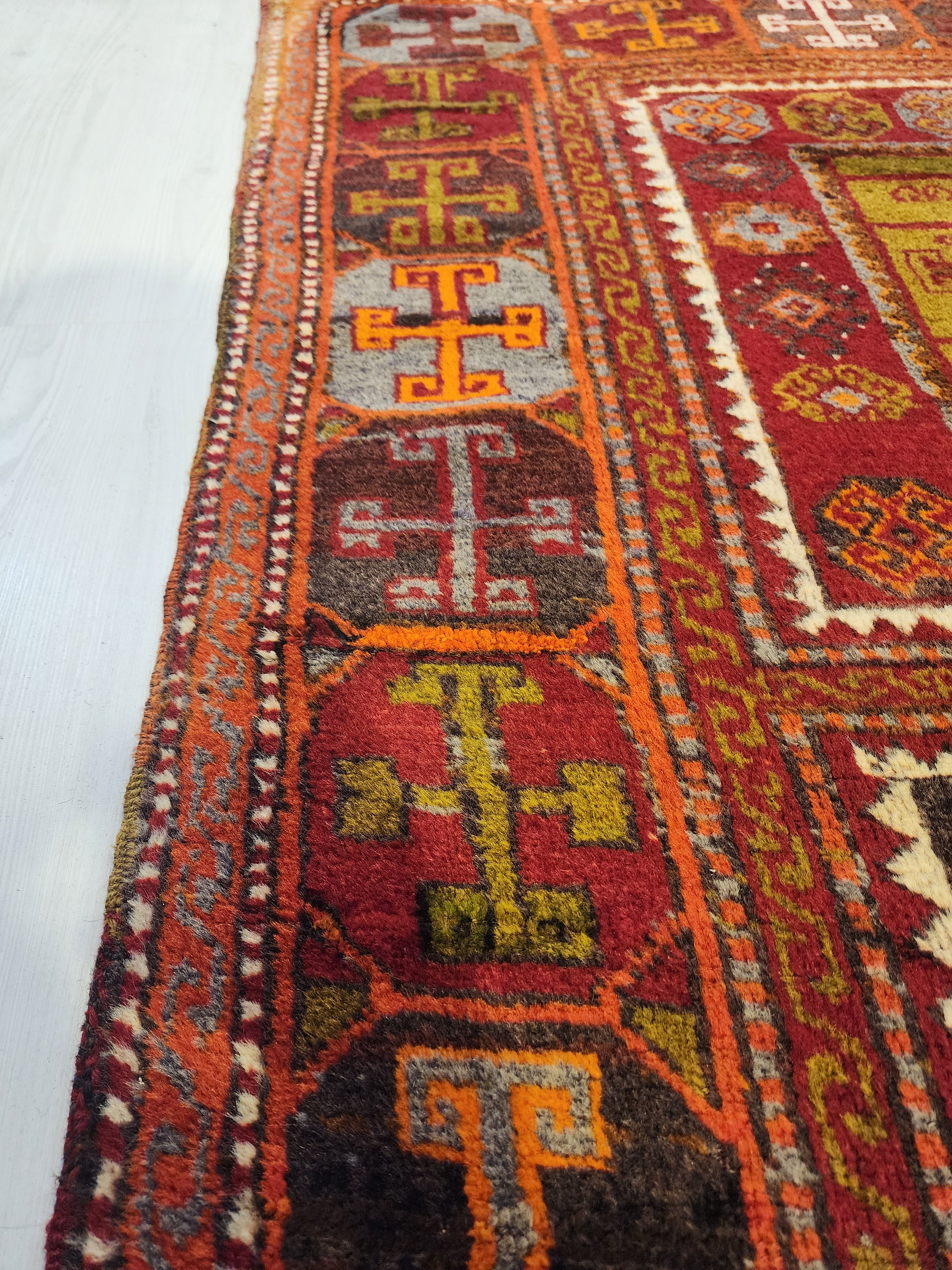 Antique Hallway Runner Rug, Red Orrange and Green Rug, Vintage Antique Recycled Old Rug, Handmade Natural Wool Persian Area Rug 10x4