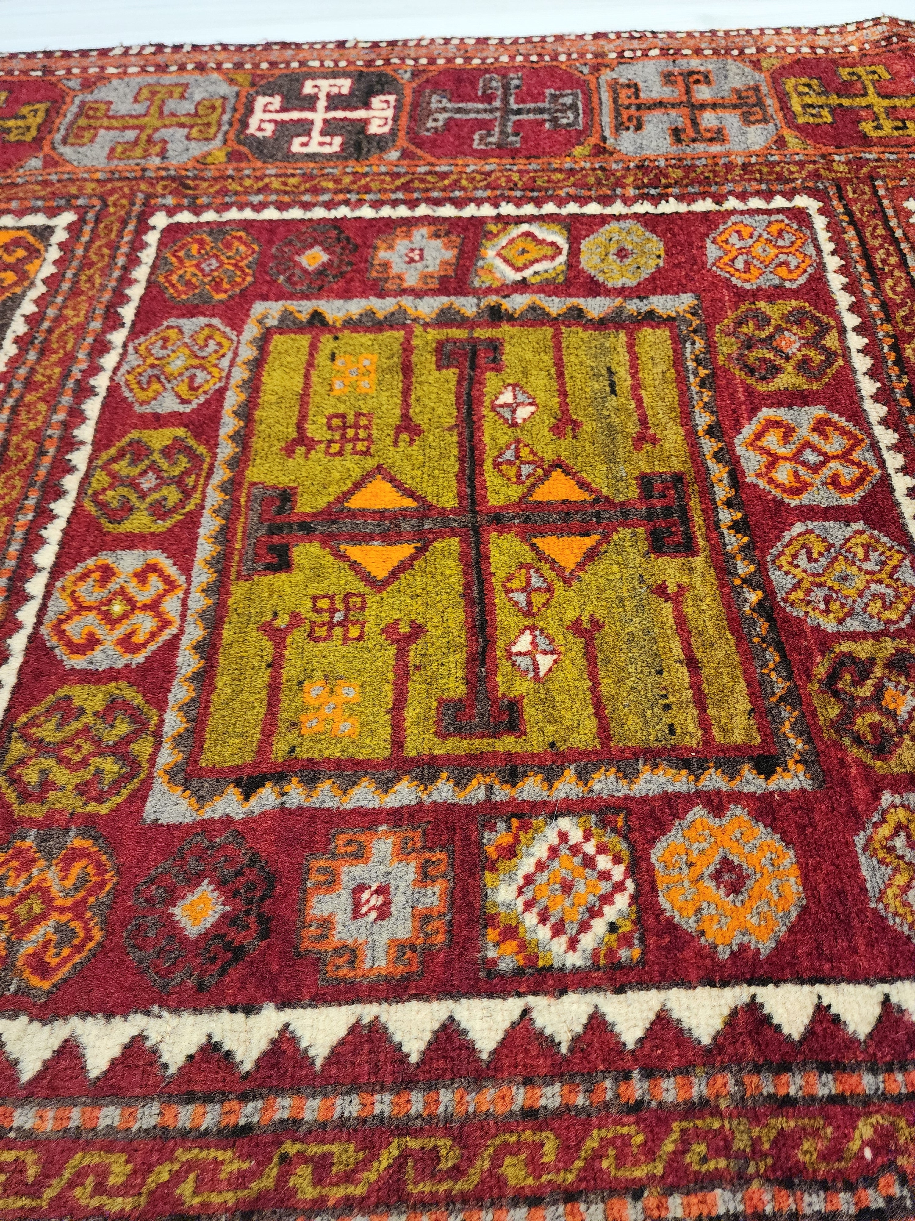 Antique Hallway Runner Rug, Red Orrange and Green Rug, Vintage Antique Recycled Old Rug, Handmade Natural Wool Persian Area Rug 10x4