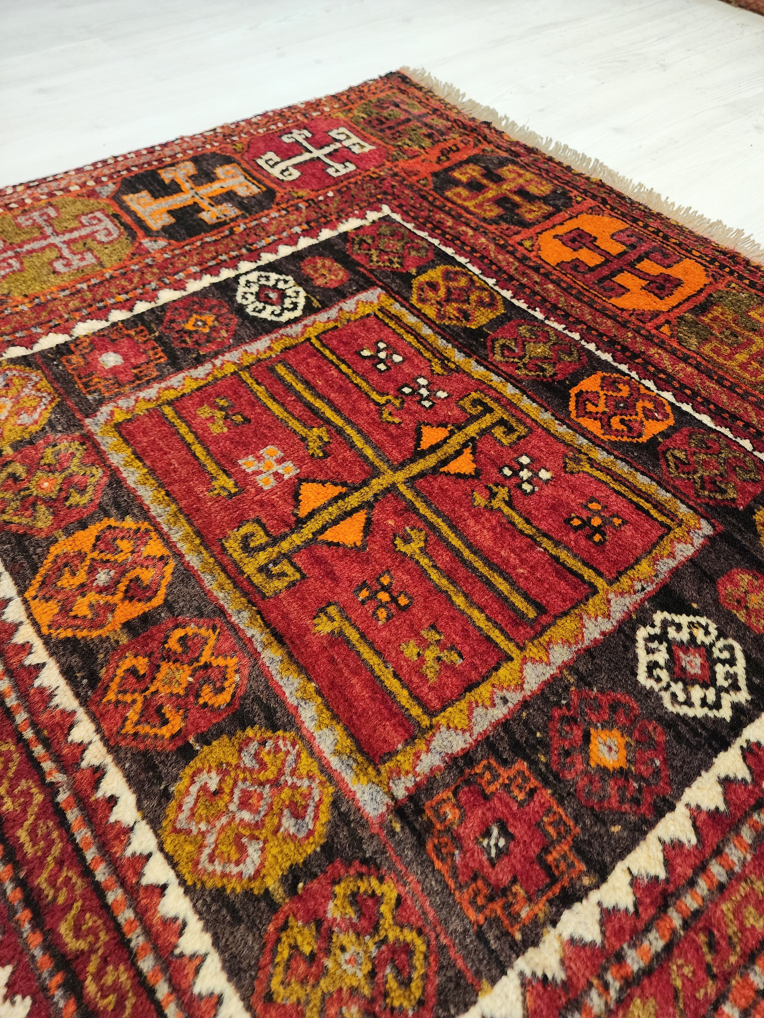 Antique Hallway Runner Rug, Red Orrange and Green Rug, Vintage Antique Recycled Old Rug, Handmade Natural Wool Persian Area Rug 10x4