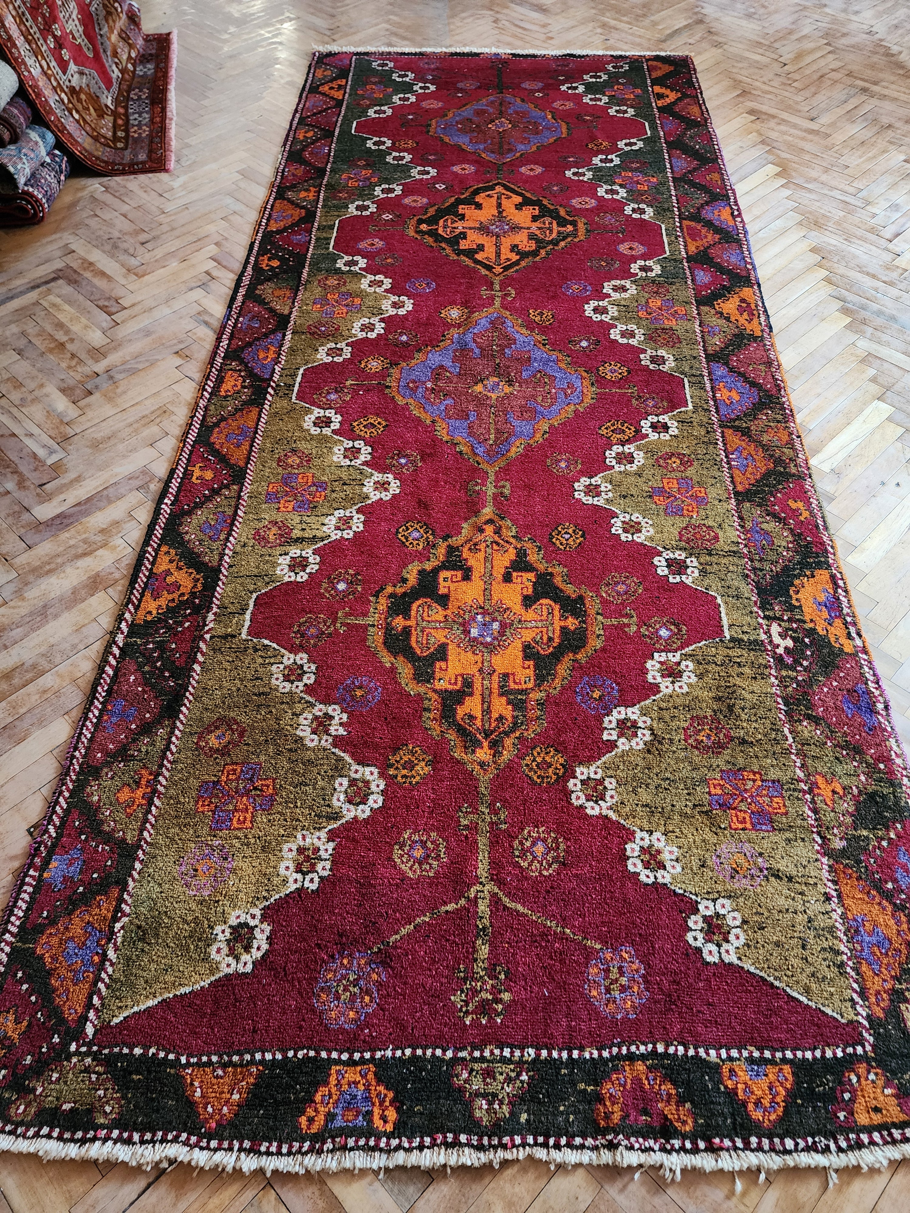 antique Konya Wool Runner Rug — edge weave