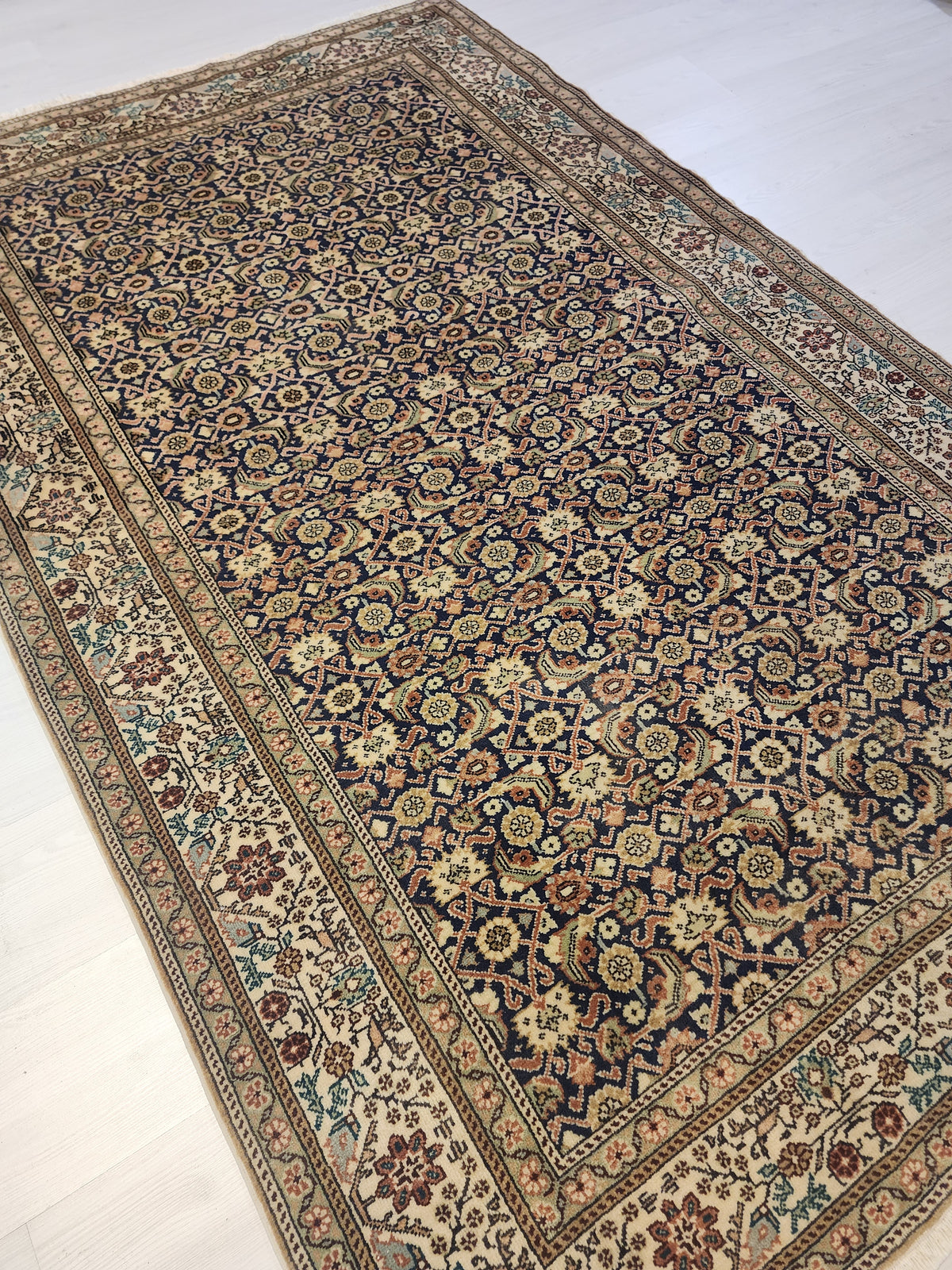 1960s Hand-Knotted Navy Blue Kayseri Rug – Wool & Silk Blend Anatolian Floral Lattice Area Rug