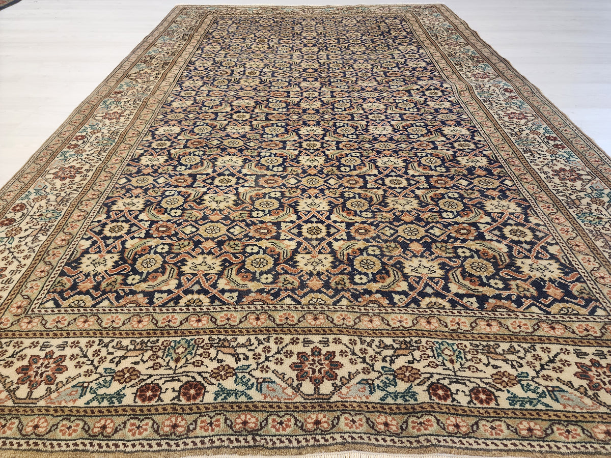 1960s Hand-Knotted Navy Blue Kayseri Rug – Wool & Silk Blend Anatolian Floral Lattice Area Rug
