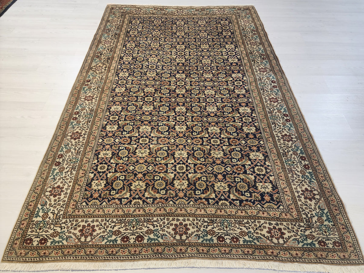 1960s Hand-Knotted Navy Blue Kayseri Rug – Wool & Silk Blend Anatolian Floral Lattice Area Rug
