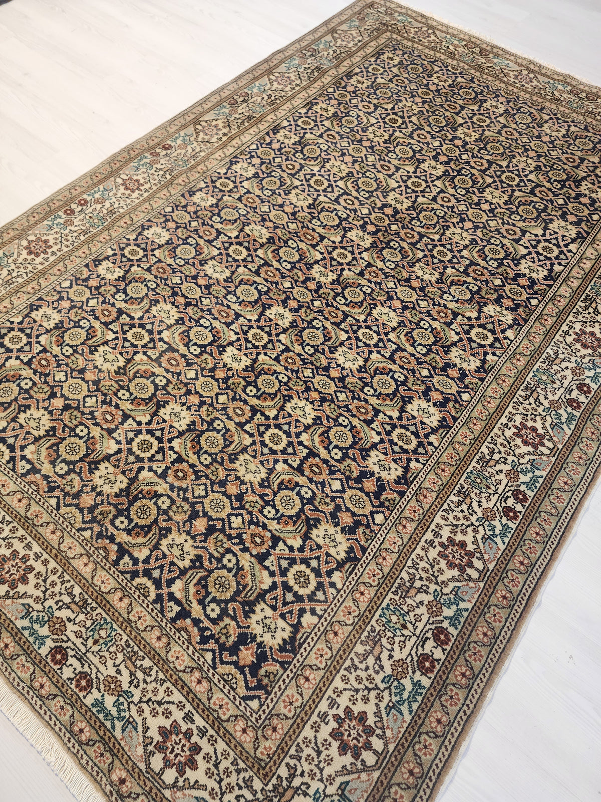1960s Hand-Knotted Navy Blue Kayseri Rug – Wool & Silk Blend Anatolian Floral Lattice Area Rug