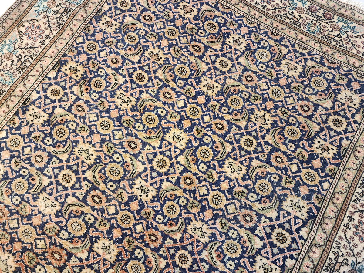 1960s Hand-Knotted Navy Blue Kayseri Rug – Wool & Silk Blend Anatolian Floral Lattice Area Rug