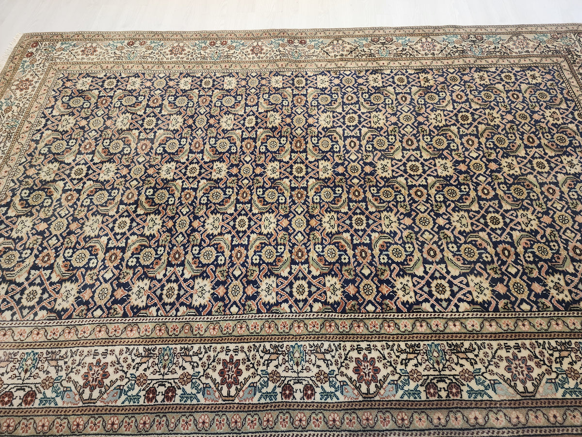 1960s Hand-Knotted Navy Blue Kayseri Rug – Wool & Silk Blend Anatolian Floral Lattice Area Rug