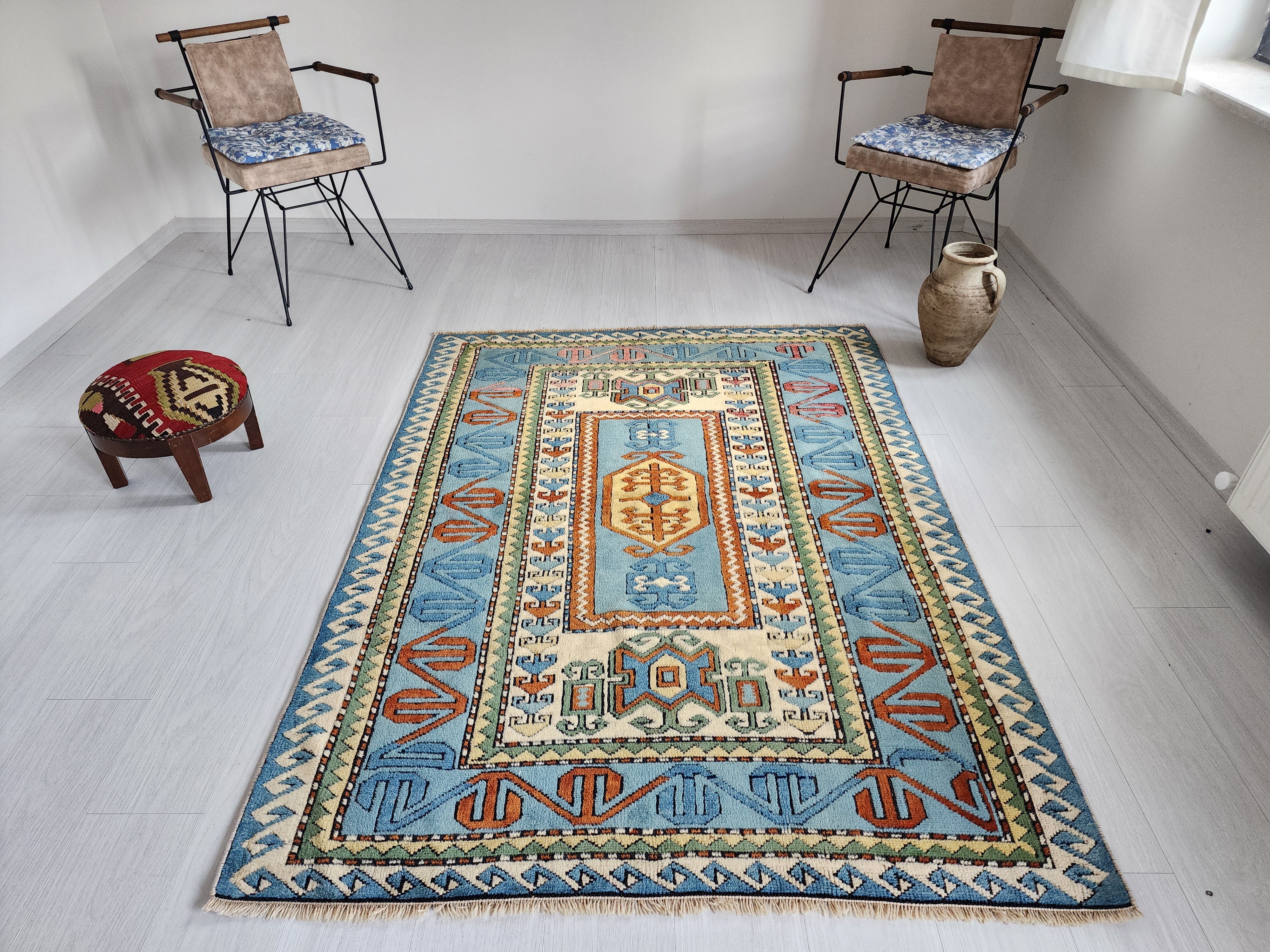 Vintage Turkish Rug 6'2'' x 4'7'' Blue Oushak Area Rug