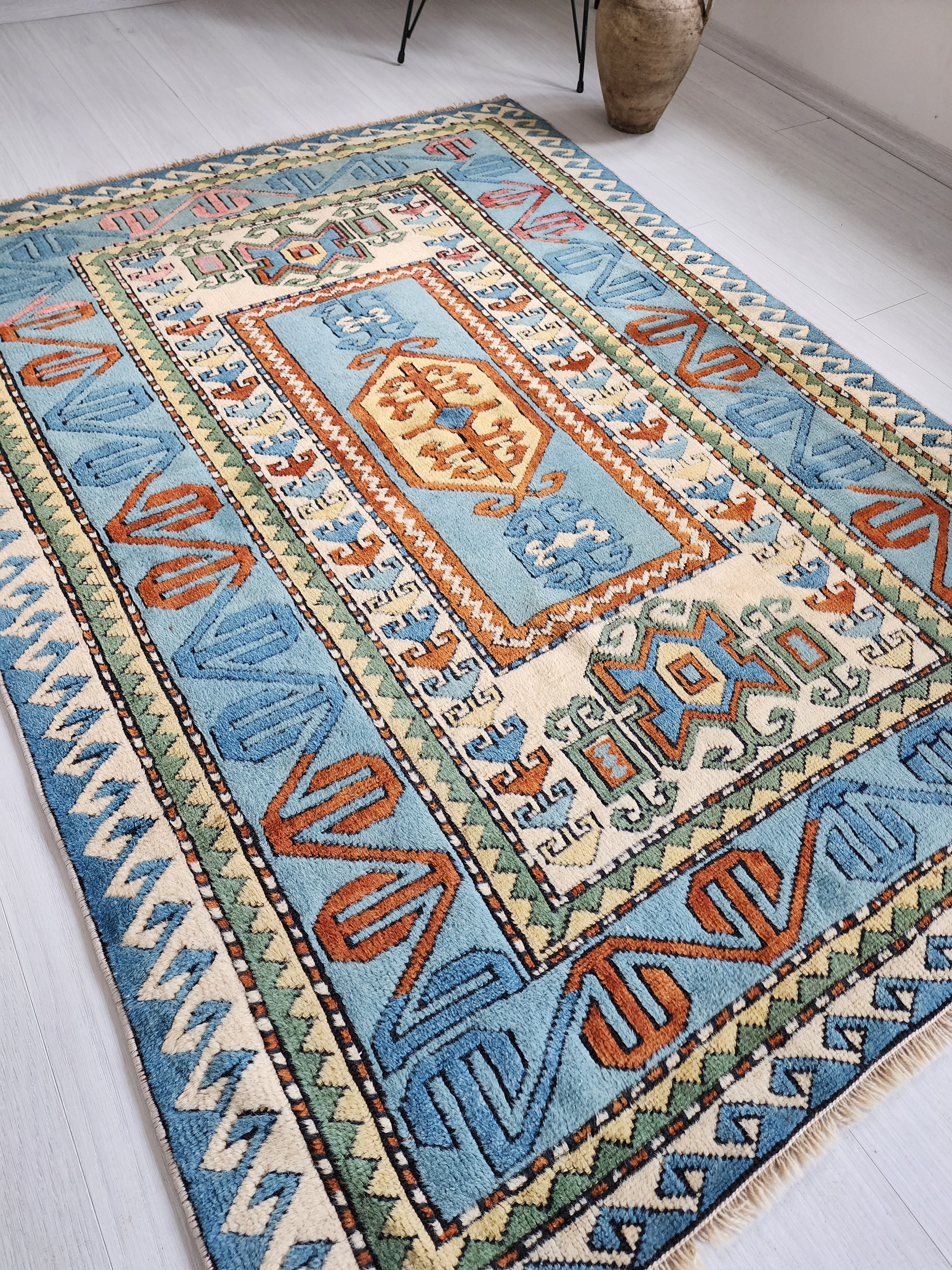 Vintage Turkish Rug 6'2'' x 4'7'' Blue Oushak Area Rug