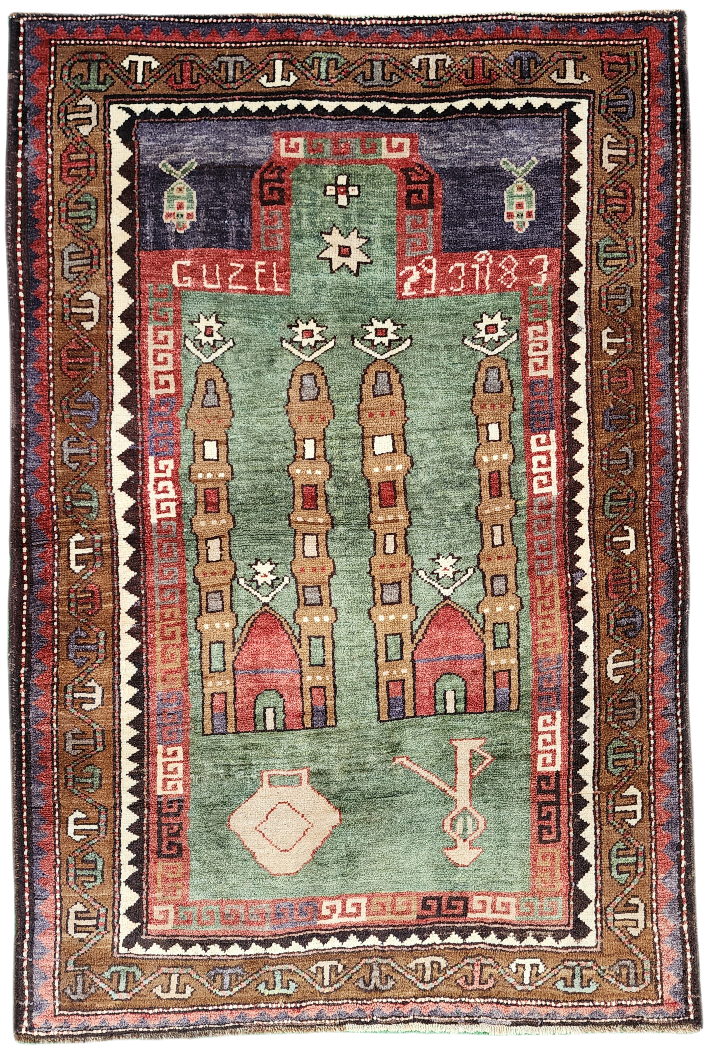 Alfombra de oración Kars verde y marrón, 4'' x 5'8''