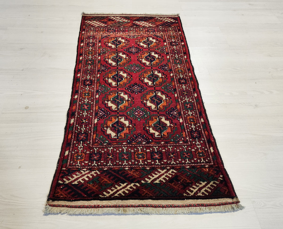boakhara Turkmen Handmade Red and Orrange Rug, 1'11'' x 3'8'' — detail texture