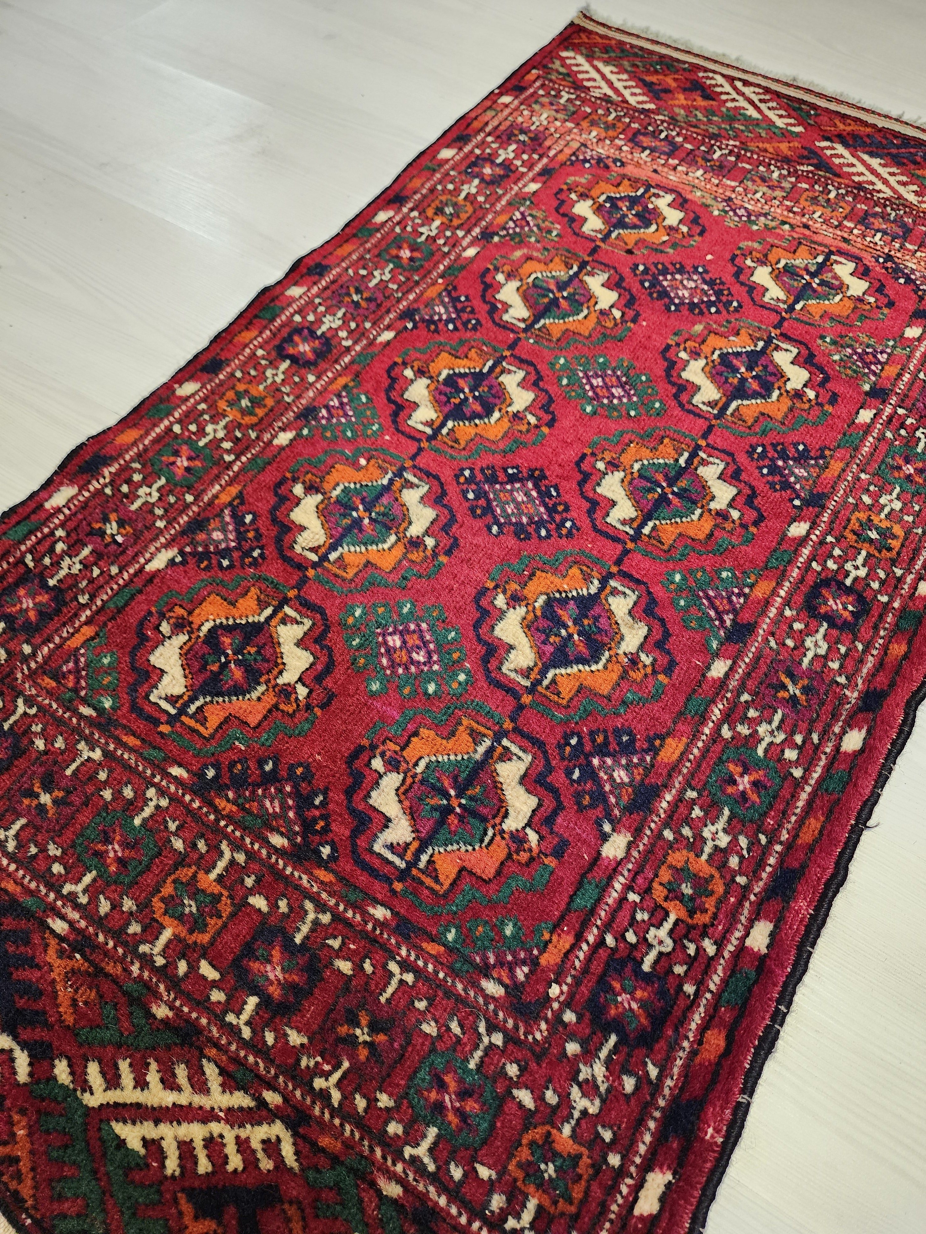 boakhara Turkmen Handmade Red and Orrange Rug, 1'11'' x 3'8'' — back view