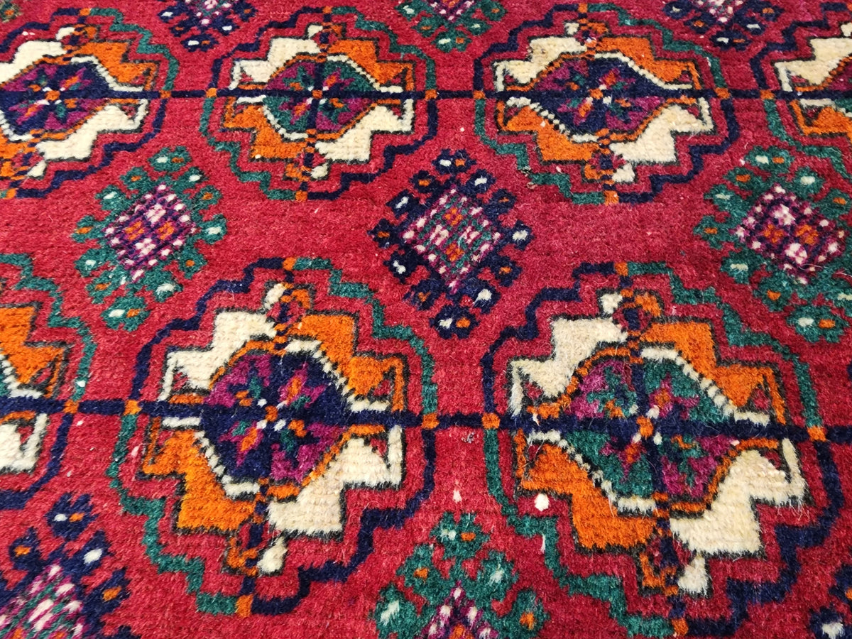 boakhara Turkmen Handmade Red and Orrange Rug, 1'11'' x 3'8'' — pile detail
