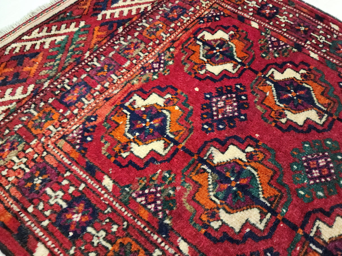 boakhara Turkmen Handmade Red and Orrange Rug, 1'11'' x 3'8'' — border pattern