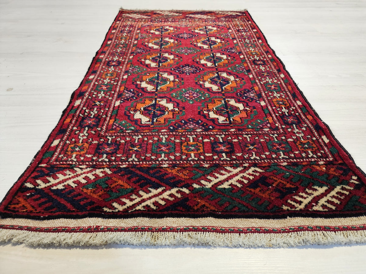 boakhara Turkmen Handmade Red and Orrange Rug, 1'11'' x 3'8'' — colour close-up