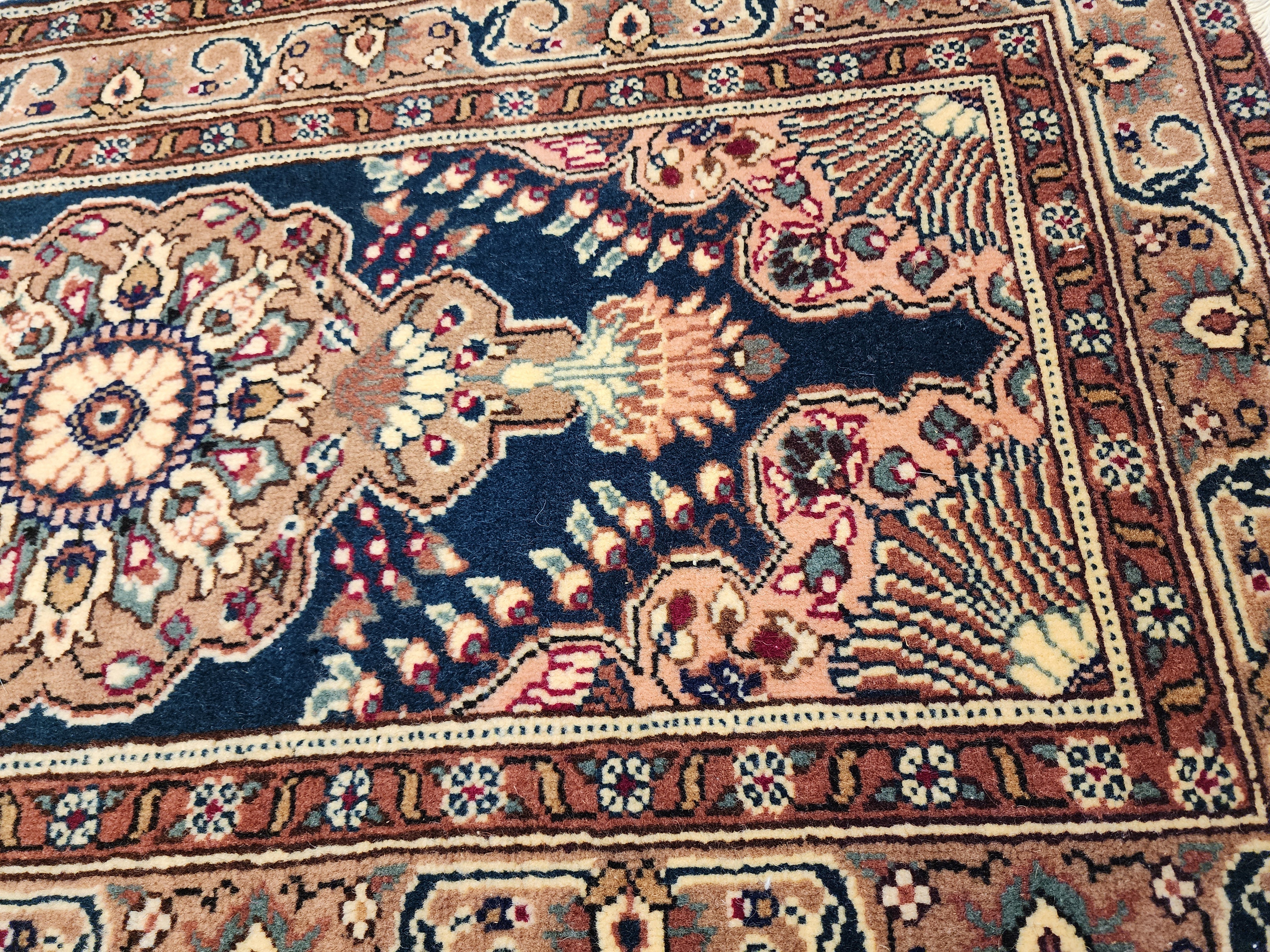 vintage Turkish Kayseri Rug 3x2, Handwoven Oriental Accent Carpet, Dark Blue Floral Design — edge weave