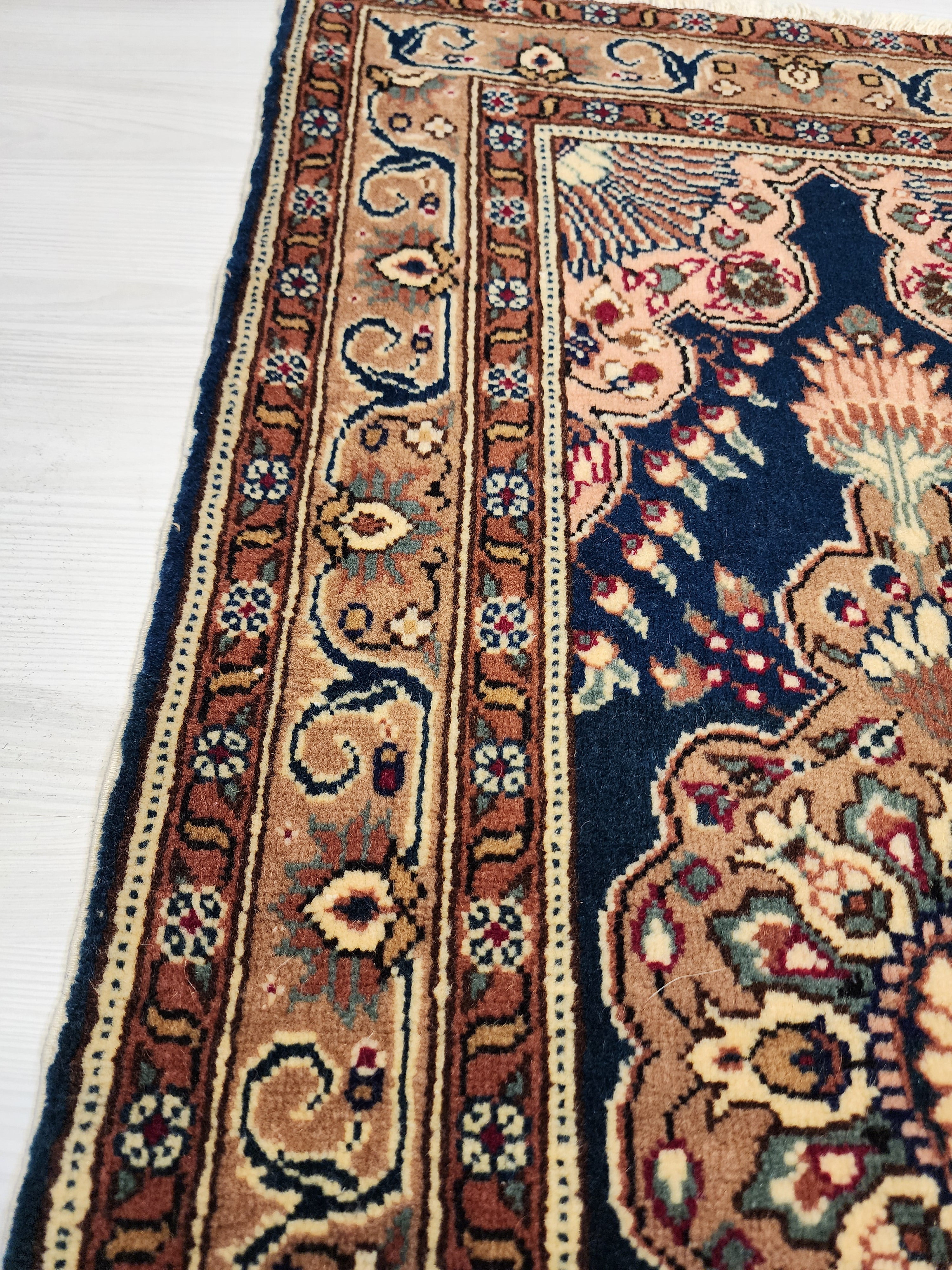 vintage Turkish Kayseri Rug 3x2, Handwoven Oriental Accent Carpet, Dark Blue Floral Design — border pattern