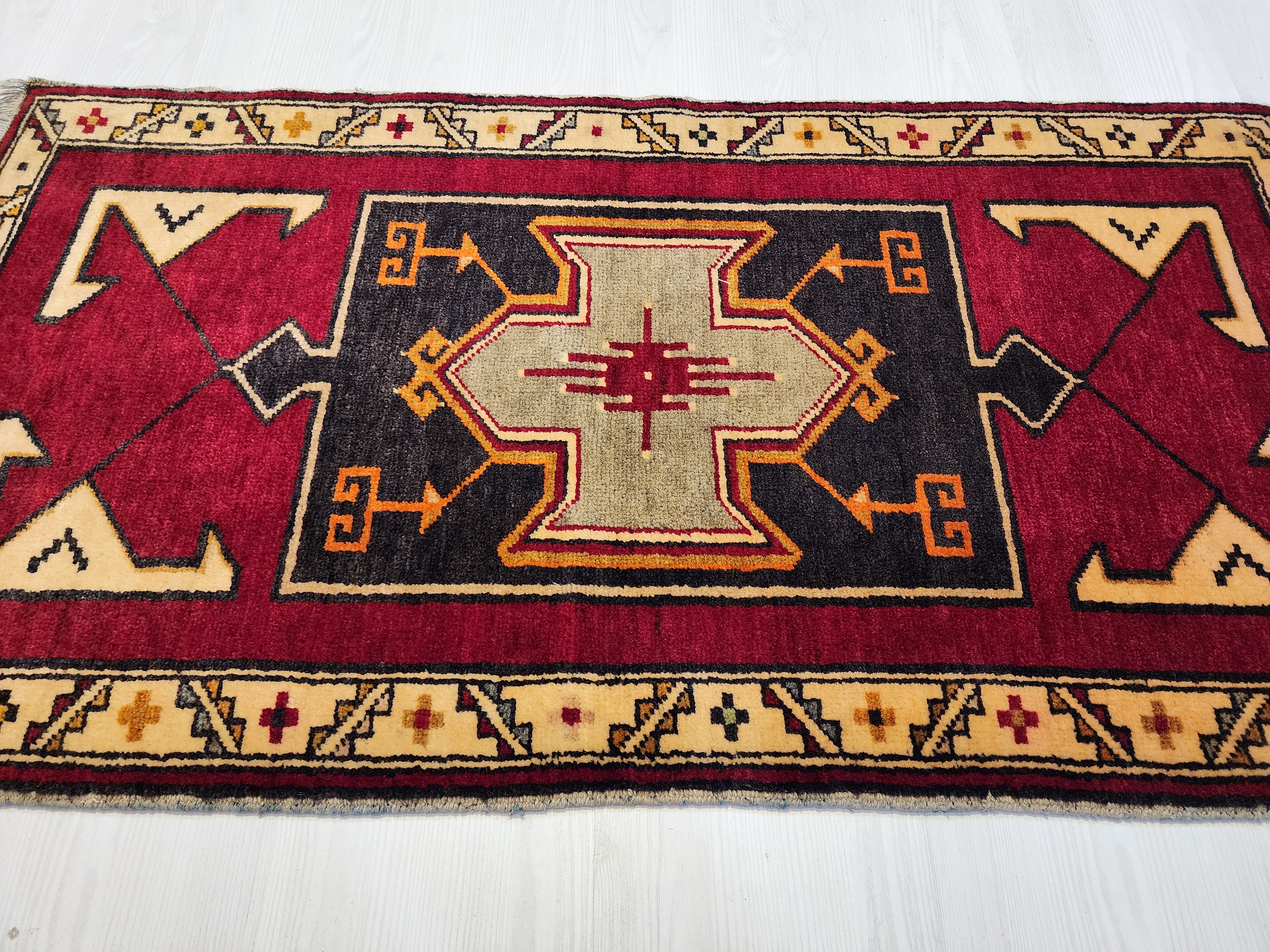 vintage Kurdish Malatya Rug, Handmade Anatolian Tribal Wool Carpet, Rustic Boho Decor (2'4'' x 3'8'' — colour close-up