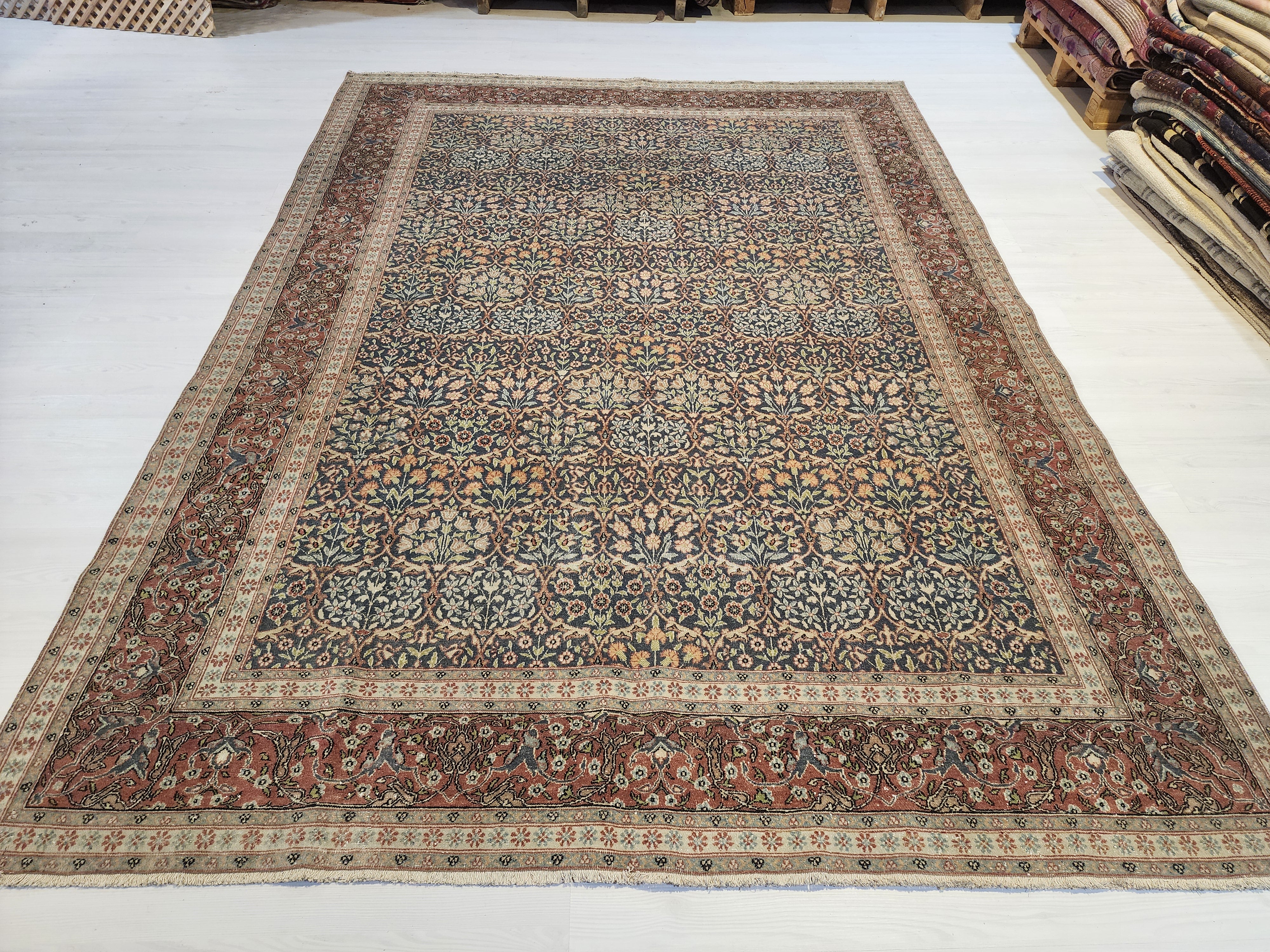 Vintage Large Hereke Rug, 6x9, Late Ottoman Period Floral Rug Handmade from Natural Wool