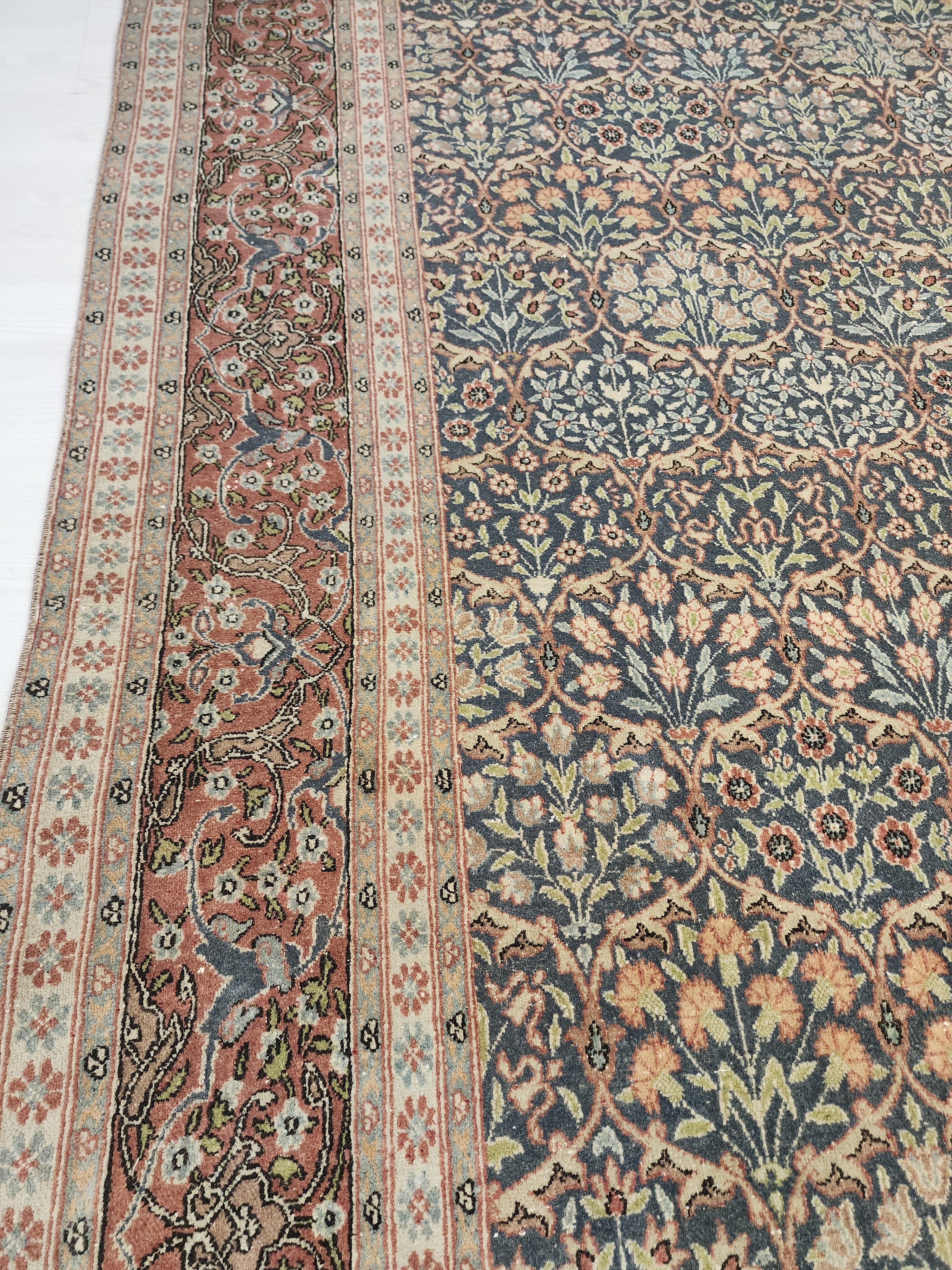 Vintage Large Hereke Rug, 6x9, Late Ottoman Period Floral Rug Handmade from Natural Wool