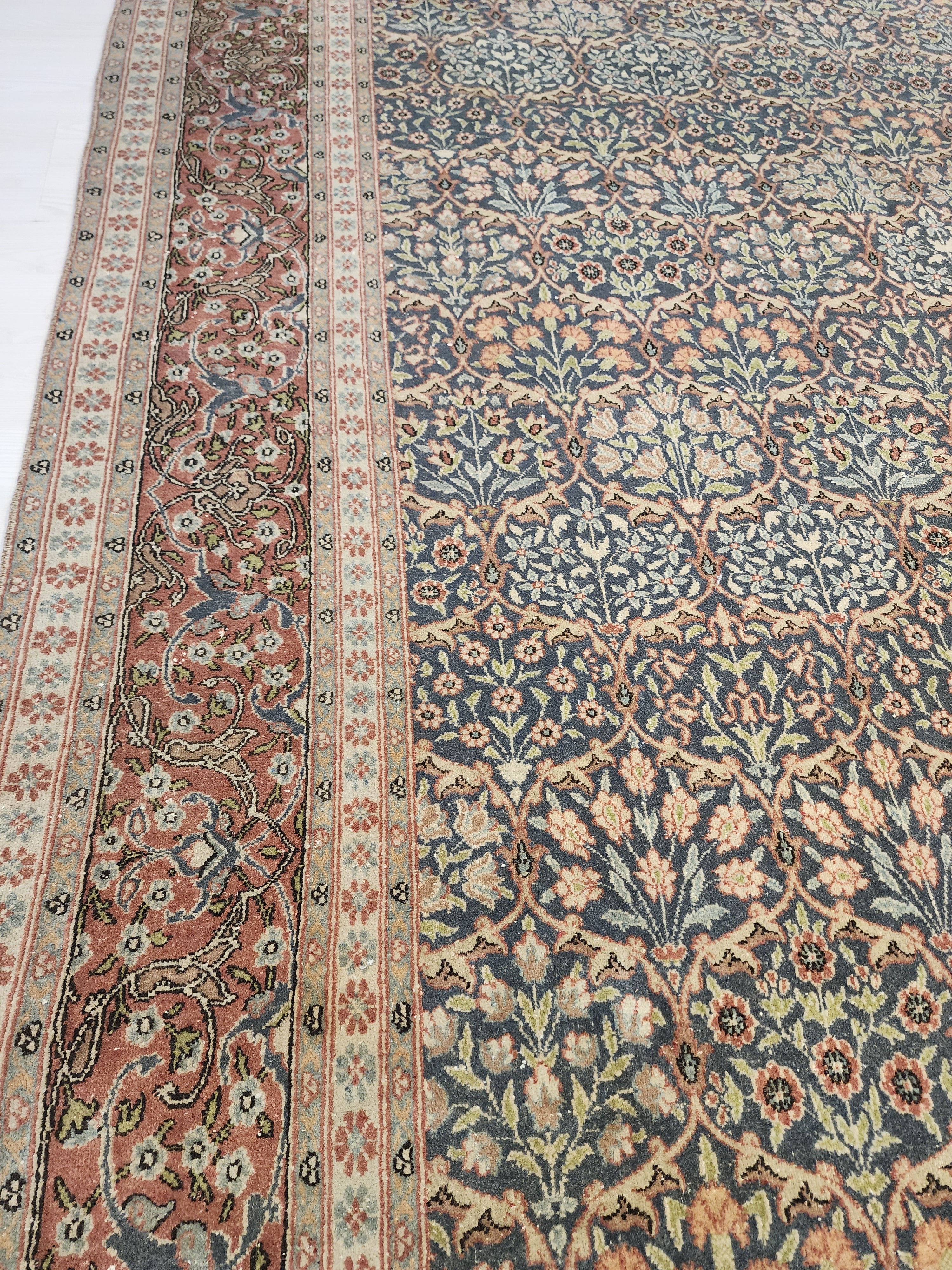 Vintage Large Hereke Rug, 6x9, Late Ottoman Period Floral Rug Handmade from Natural Wool