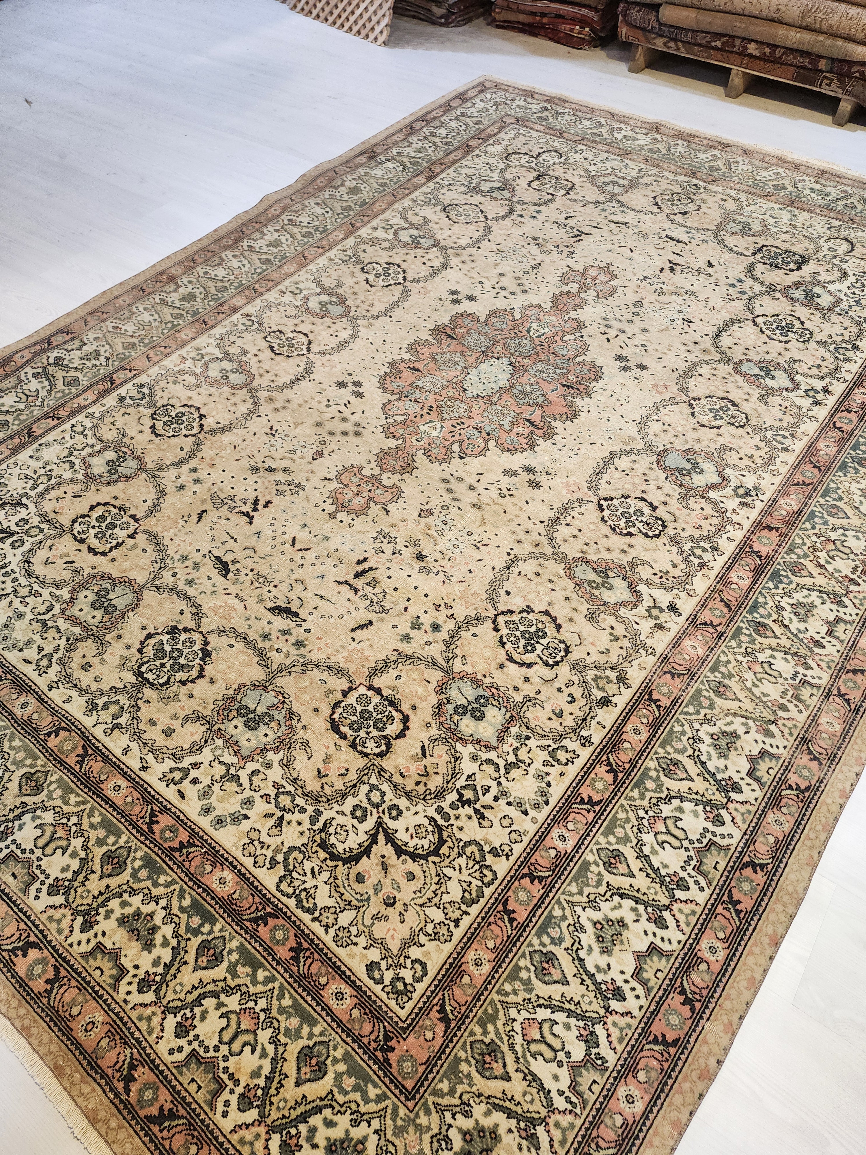 Floral Turkish Kayseri Rug, 10x7, Handwoven Wool, Faded Oriental Design