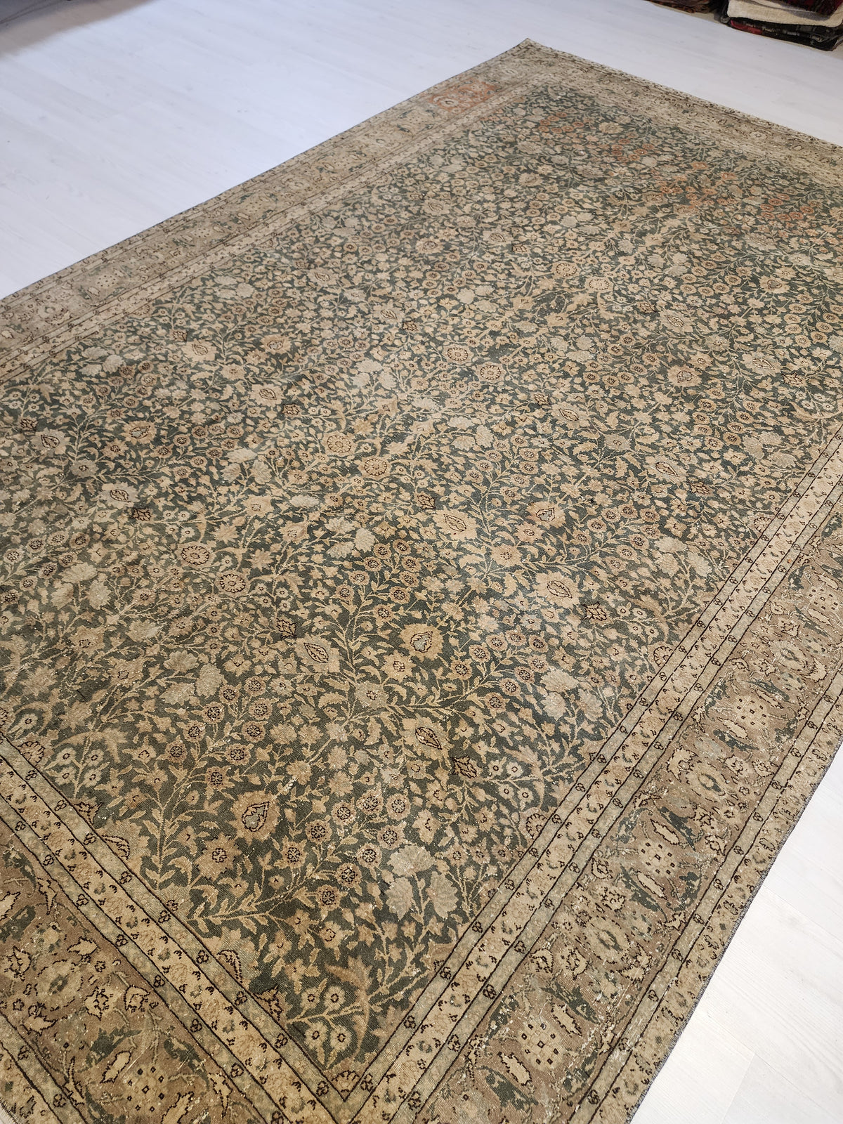 Vintage Turkish Hereke Rug, Fine Fine-Knotted Muted Green Beige Area Rug, 6'5''x9'9''