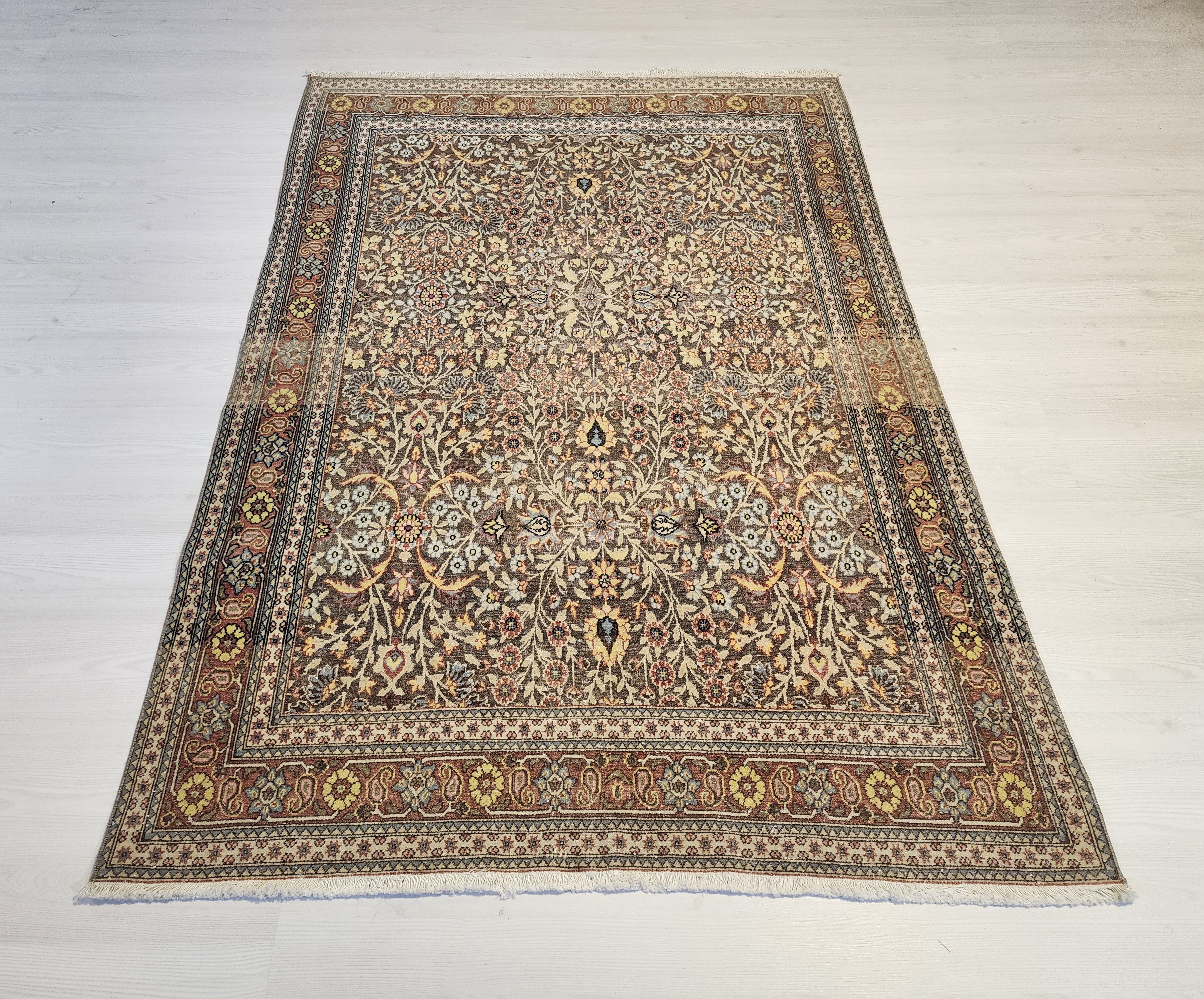 Vintage Hereke Rug, Fine Turkish Wool Silk Floral Area Rug, Traditional Oriental Living Room