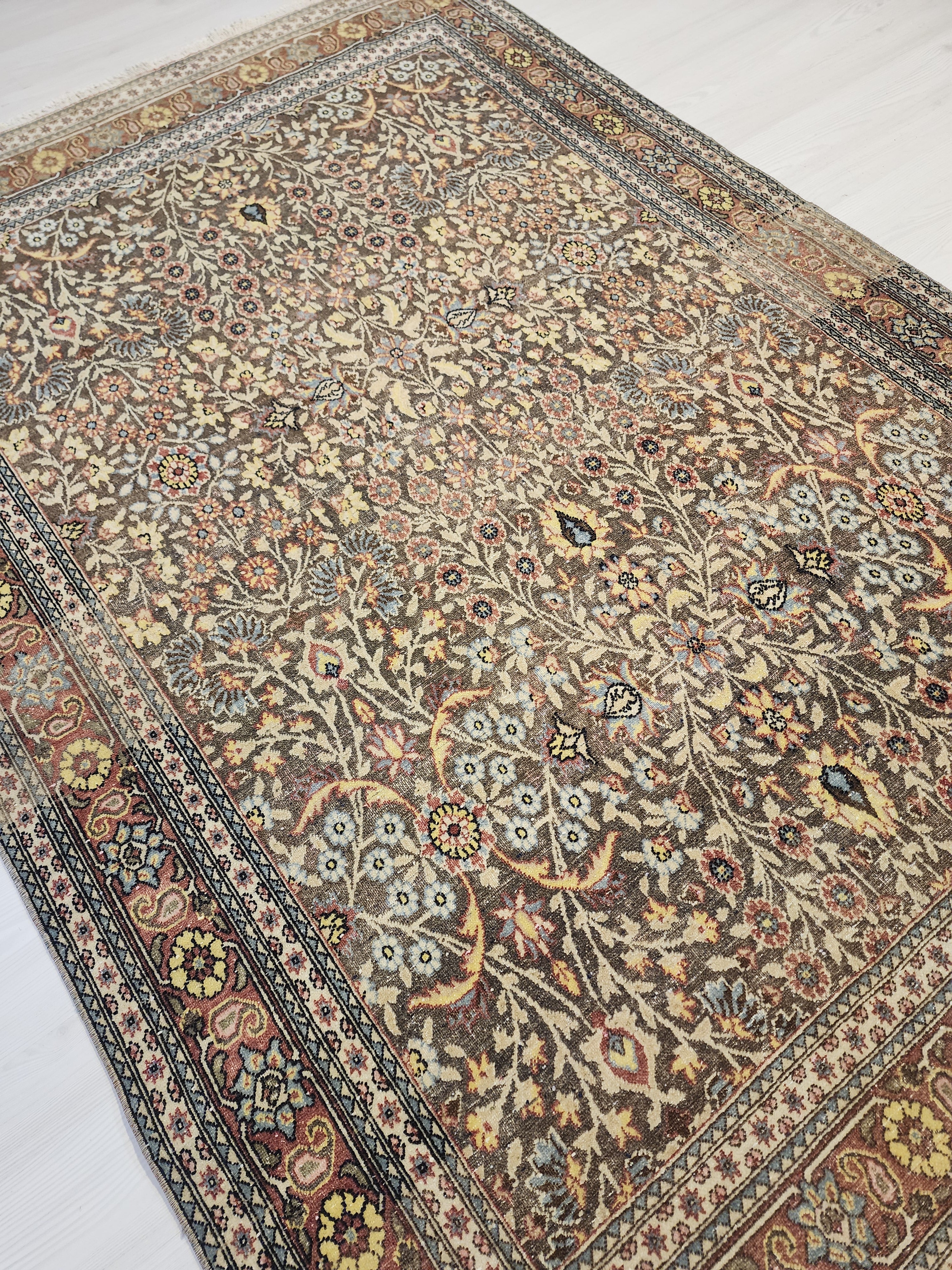 Vintage Hereke Rug, Fine Turkish Wool Silk Floral Area Rug, Traditional Oriental Living Room