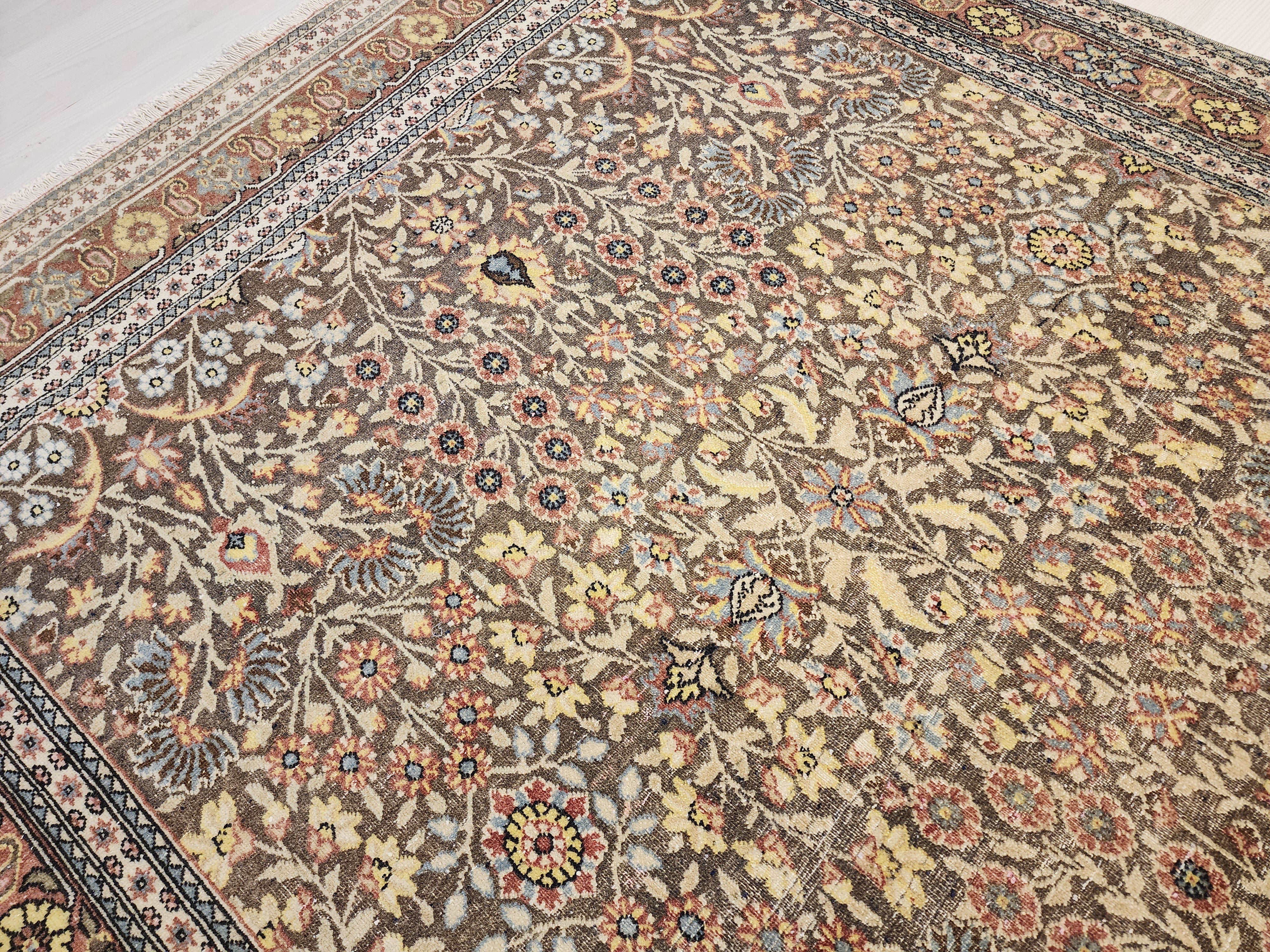 Vintage Hereke Rug, Fine Turkish Wool Silk Floral Area Rug, Traditional Oriental Living Room