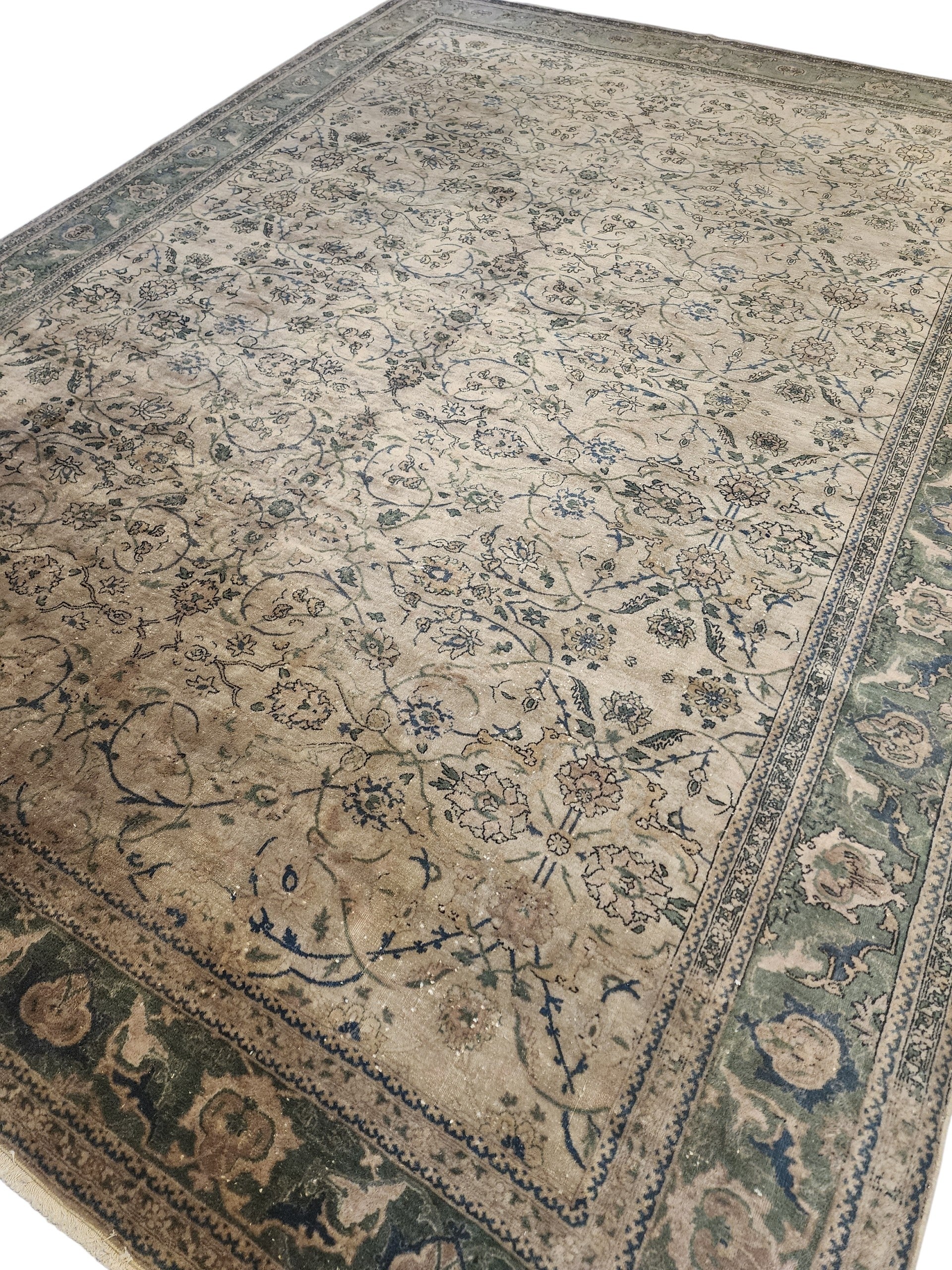 Lampsacena — Vintage Turkish Hereke Rug, Muted Sage Green Floral Area Rug (7'10'' x 10'11'')