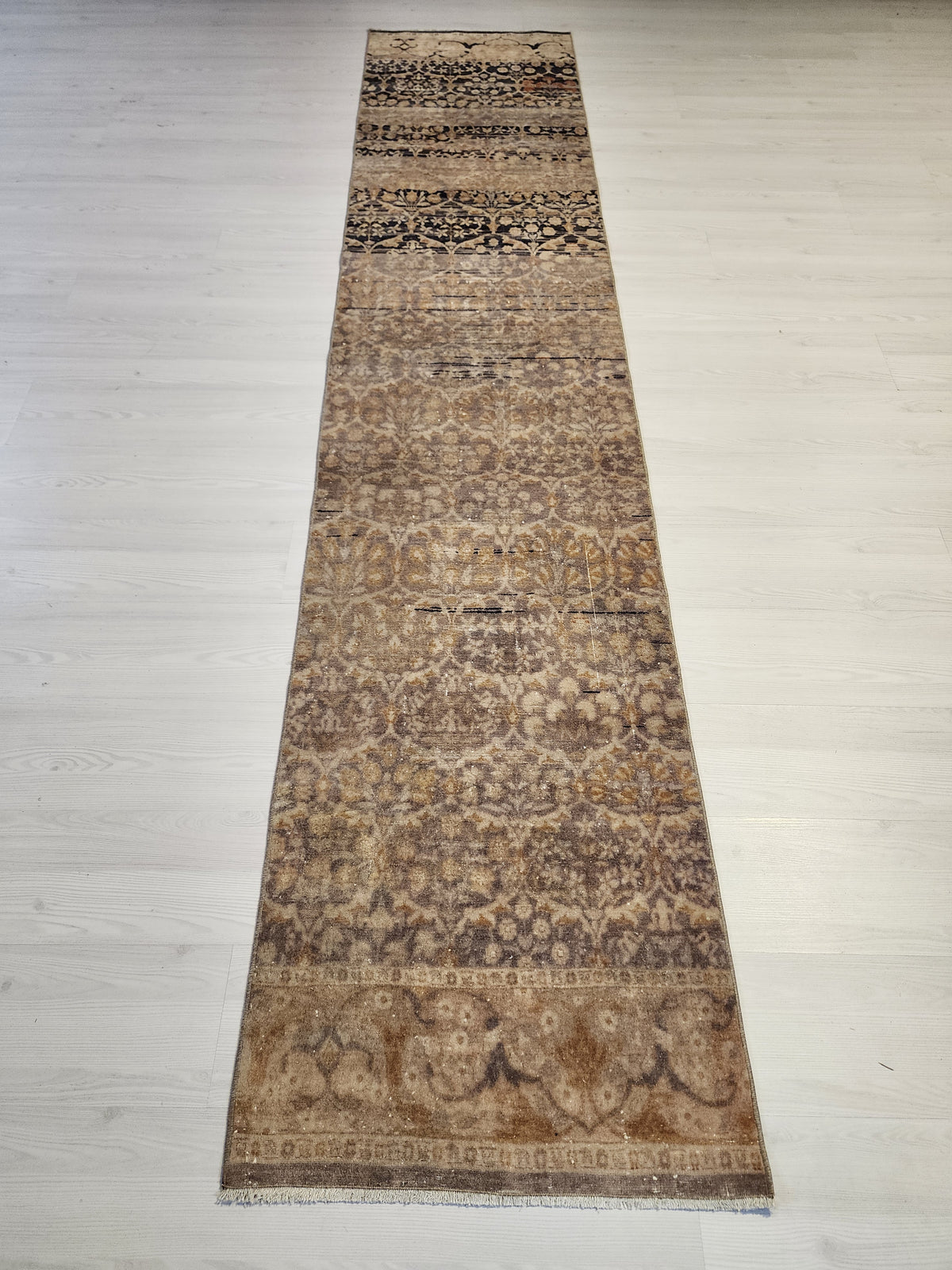 Vintage Turkish Hereke Runner Rug, Handknotted Wool, Muted Beige Brown Floral (2.2x10.3 ft)