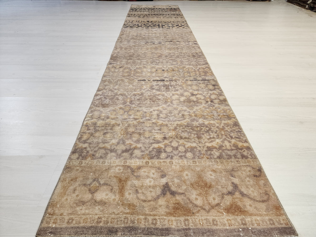 Vintage Turkish Hereke Runner Rug, Handknotted Wool, Muted Beige Brown Floral (2.2x10.3 ft)