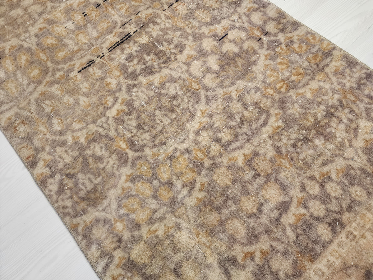 Vintage Turkish Hereke Runner Rug, Handknotted Wool, Muted Beige Brown Floral (2.2x10.3 ft)
