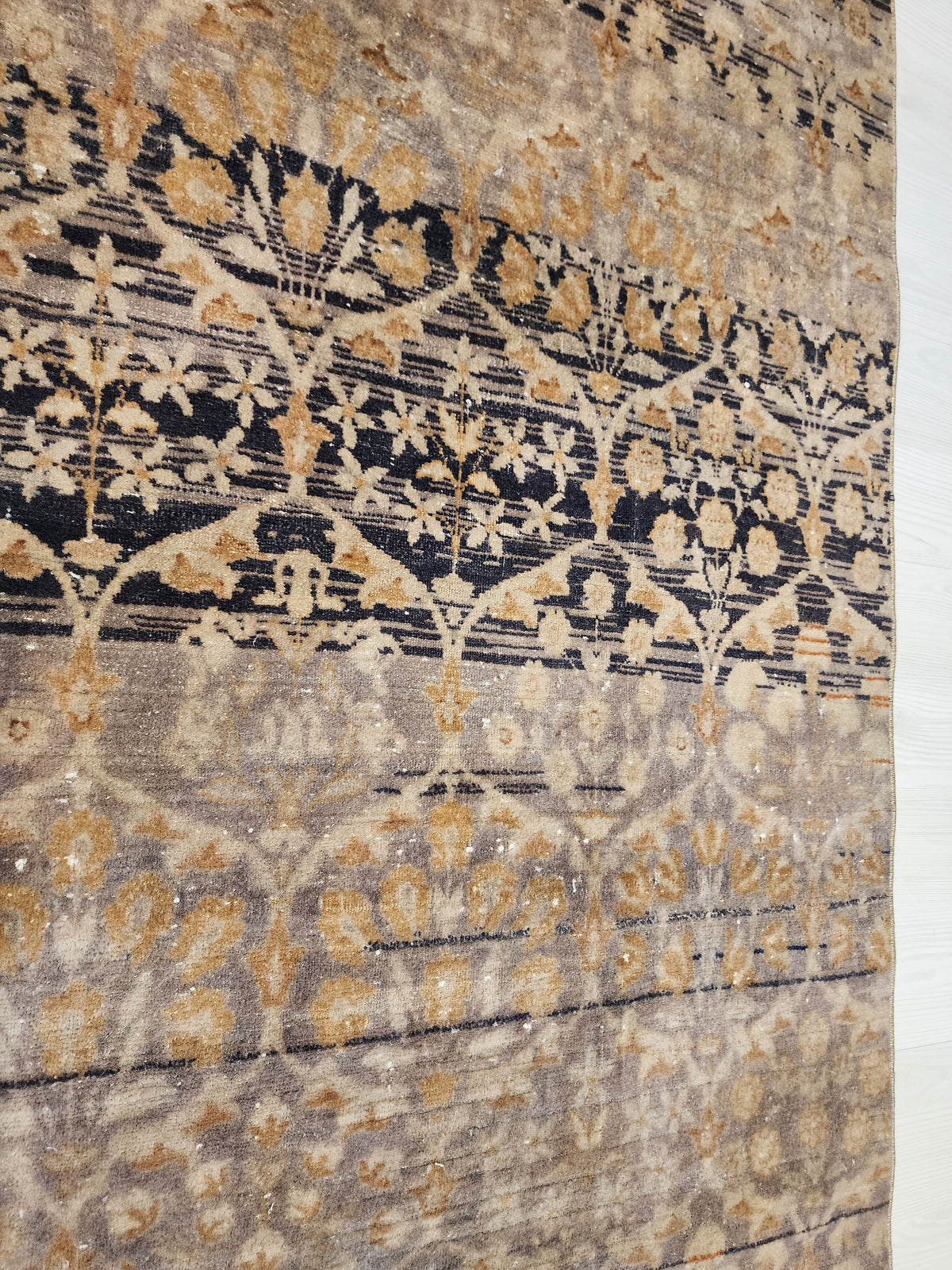 Vintage Turkish Hereke Runner Rug, Handknotted Wool, Muted Beige Brown Floral (2.2x10.3 ft)