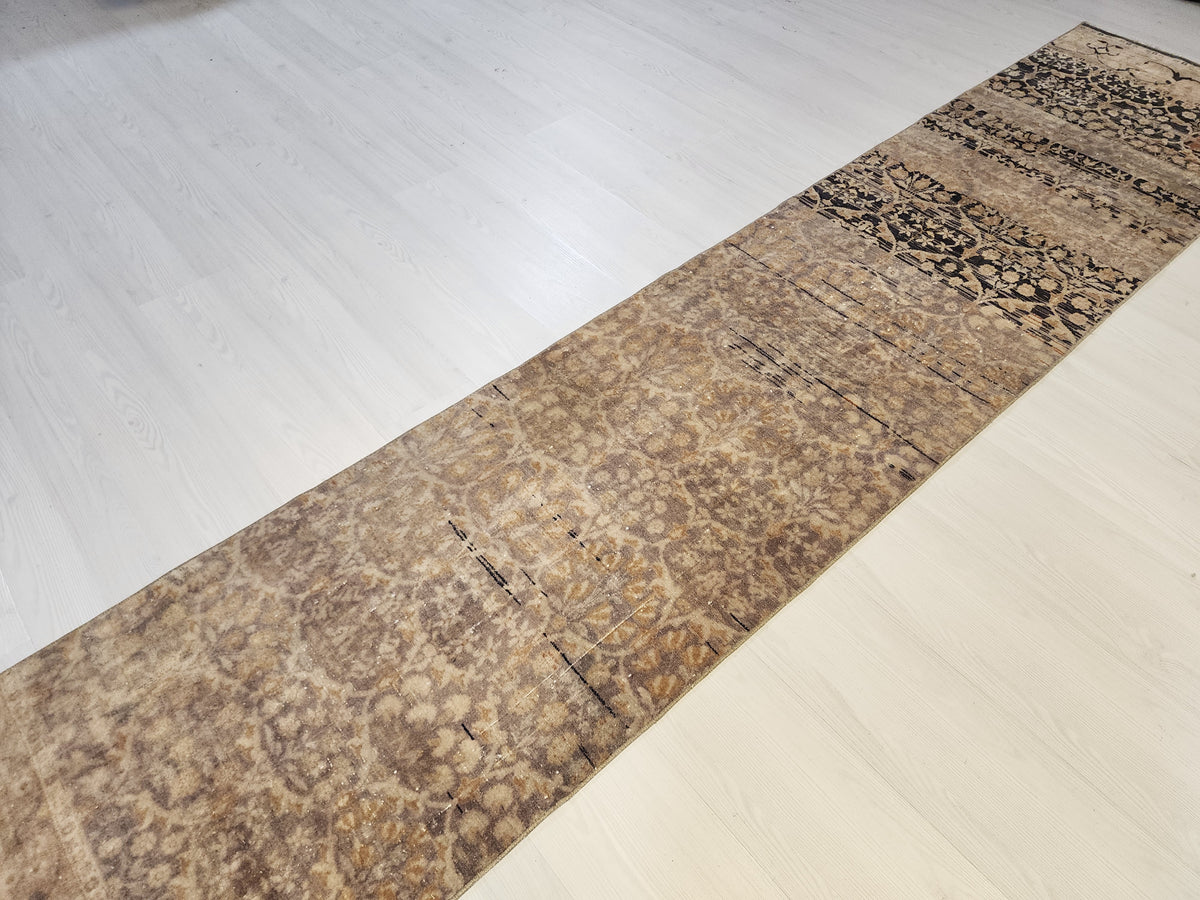 Vintage Turkish Hereke Runner Rug, Handknotted Wool, Muted Beige Brown Floral (2.2x10.3 ft)