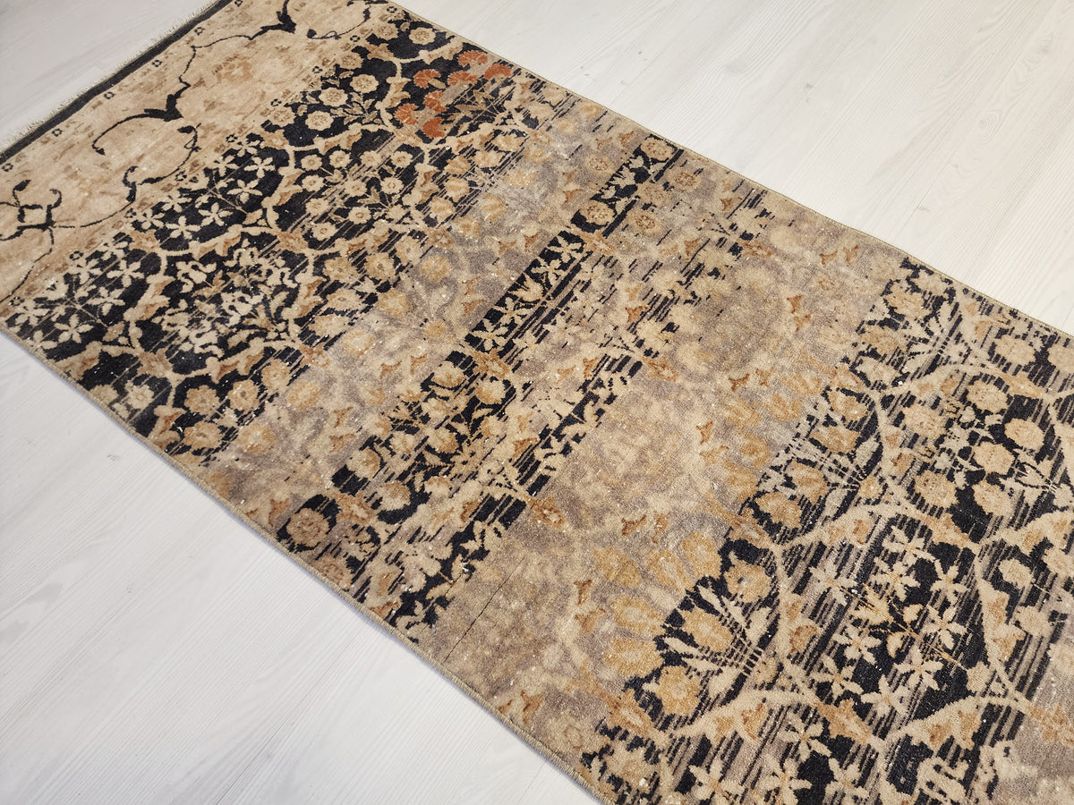 Vintage Turkish Hereke Runner Rug, Handknotted Wool, Muted Beige Brown Floral (2.2x10.3 ft)