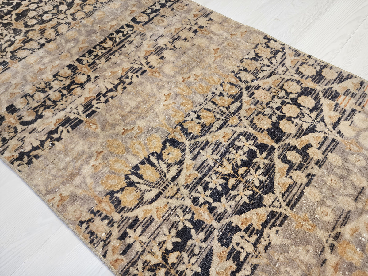 Vintage Turkish Hereke Runner Rug, Handknotted Wool, Muted Beige Brown Floral (2.2x10.3 ft)