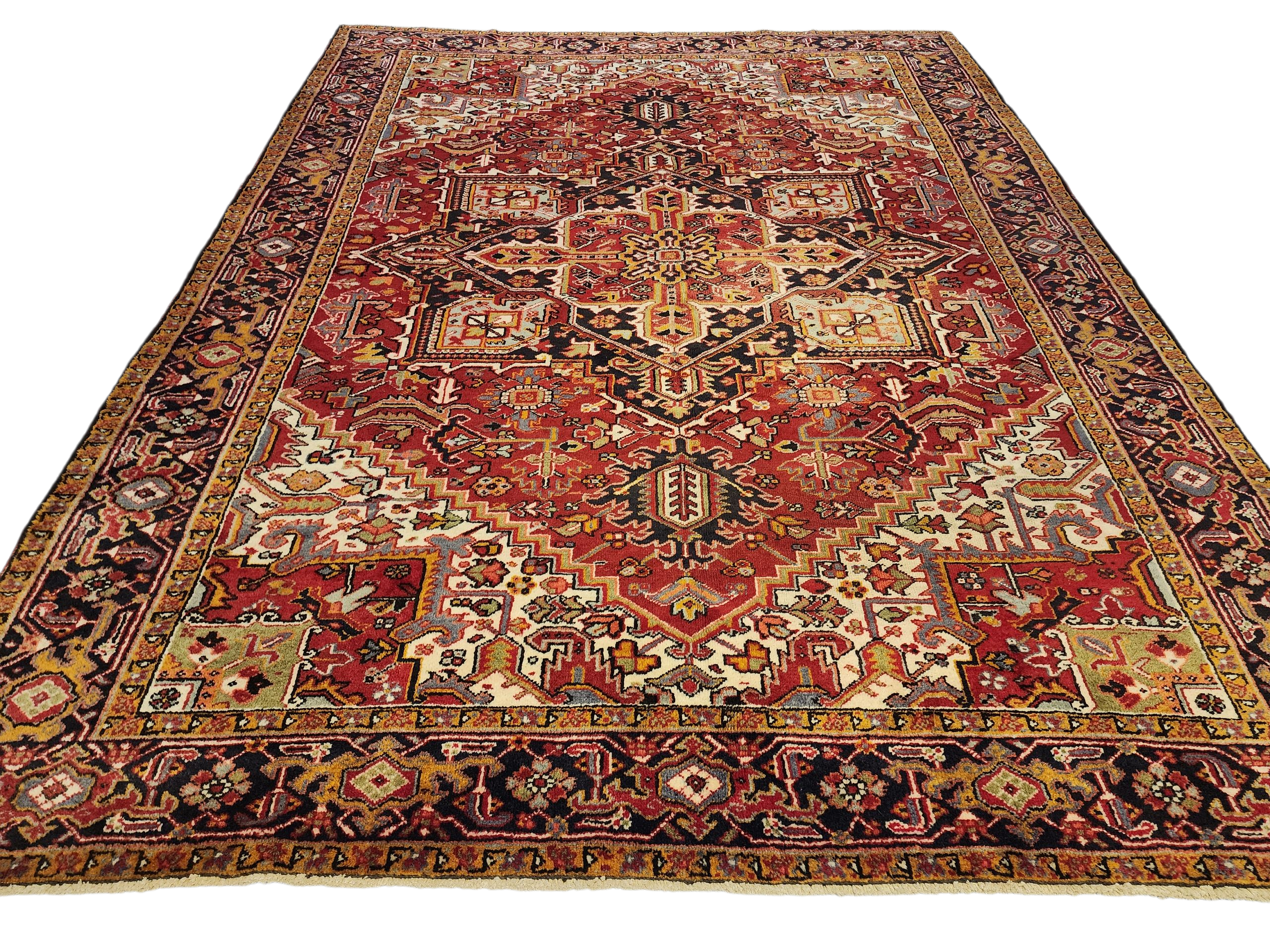 Vintage Persian Rug 11x8 Red Blue and White Extra Large Rug for the Living or Dining Room Handmade from Natural Wool in Turkey